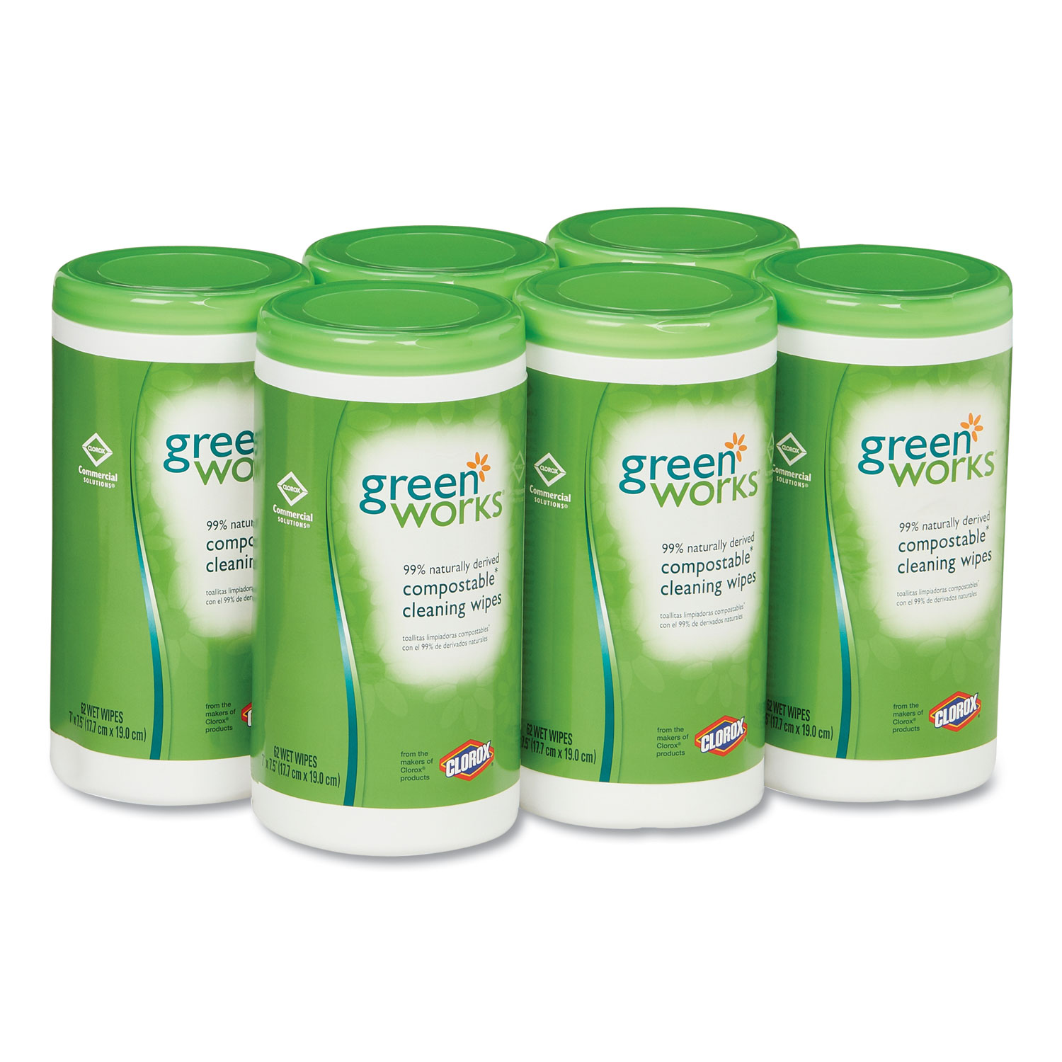  Green Works CLO 30380 Compostable Cleaning Wipes, 7 x 7 1/2, Original Scent, 62/Canister, 6/Carton (CLO30380CT) 