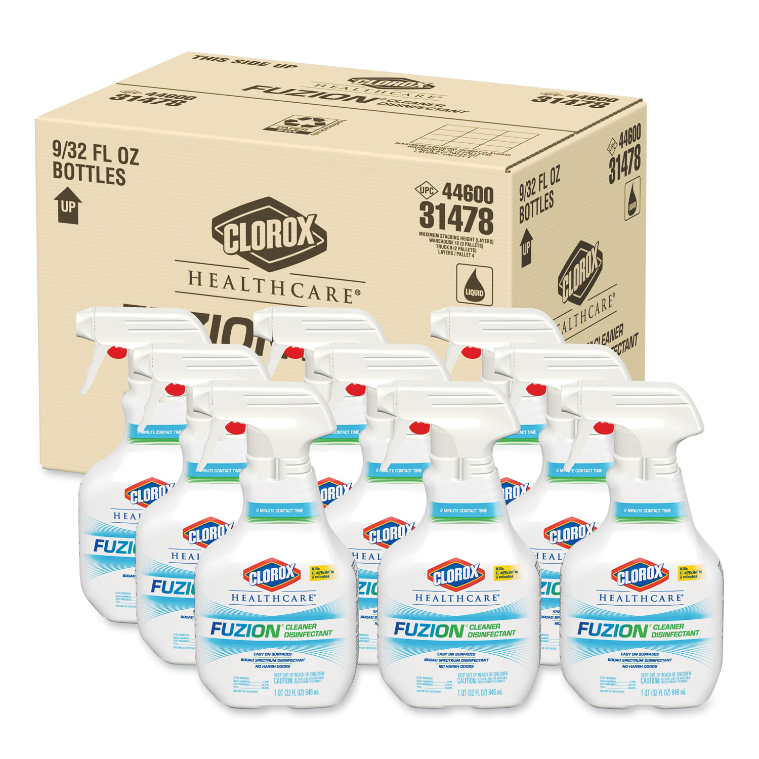  Clorox Healthcare 31478 Fuzion Cleaner Disinfectant, Unscented, 32 oz Spray Bottle, 9/Carton (CLO31478) 