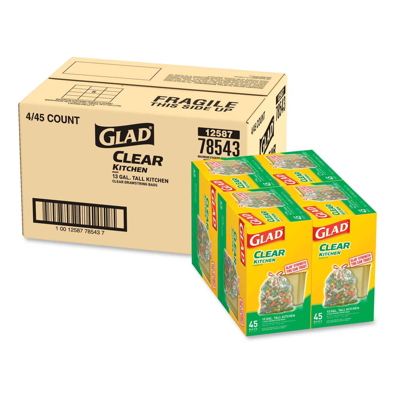  Glad CLO 78543CT Recycling Tall Kitchen Drawstring Trash Bags, 13 gal, 0.9 mil, 24 x 27.38, Clear, 180/Carton (CLO78543CT) 