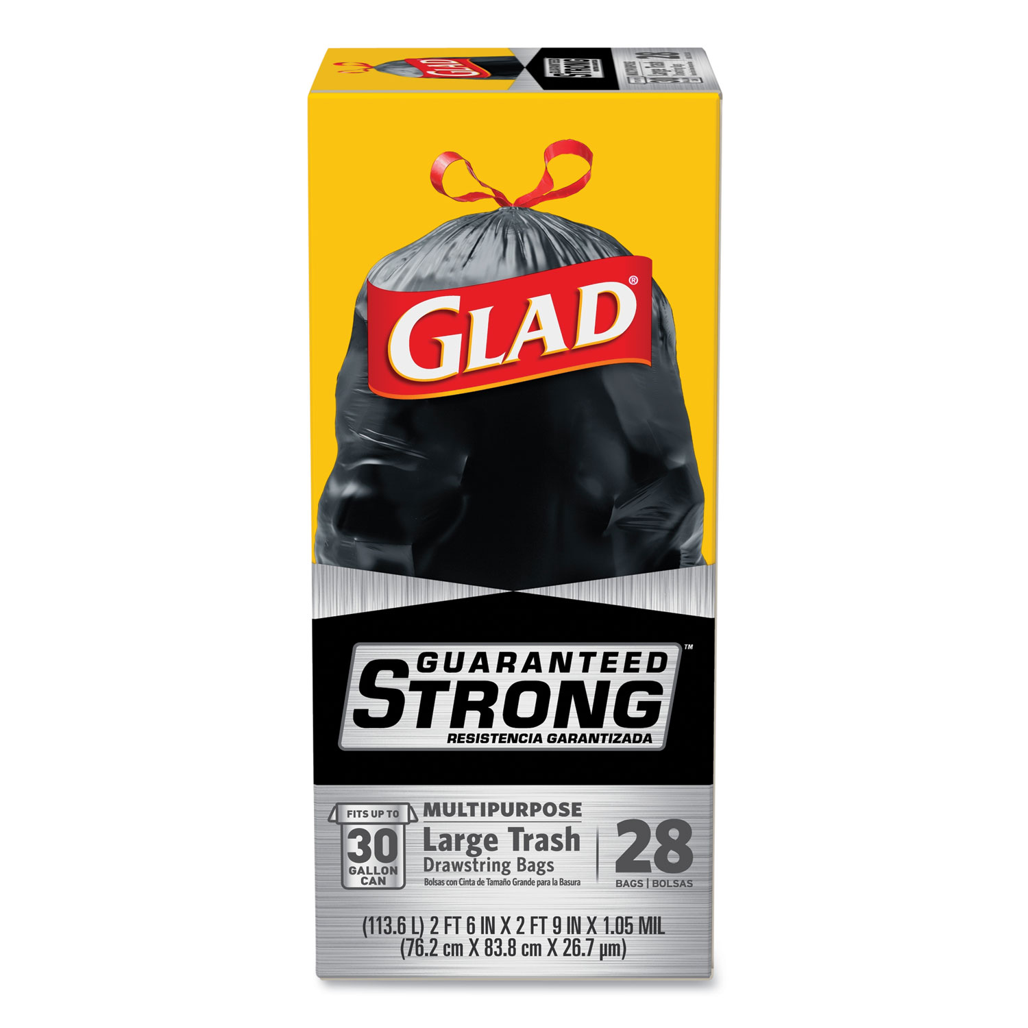  Glad 78966 Drawstring Large Trash Bags, 30 gal, 1.05 mil, 30 x 33, Black, 90/Carton (CLO78966) 
