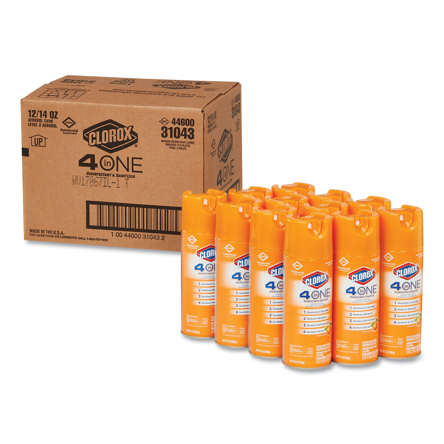  Clorox CLO 31043 4-in-One Disinfectant and Sanitizer, Citrus, 14 oz Aerosol, 12/Carton (CLO31043CT) 