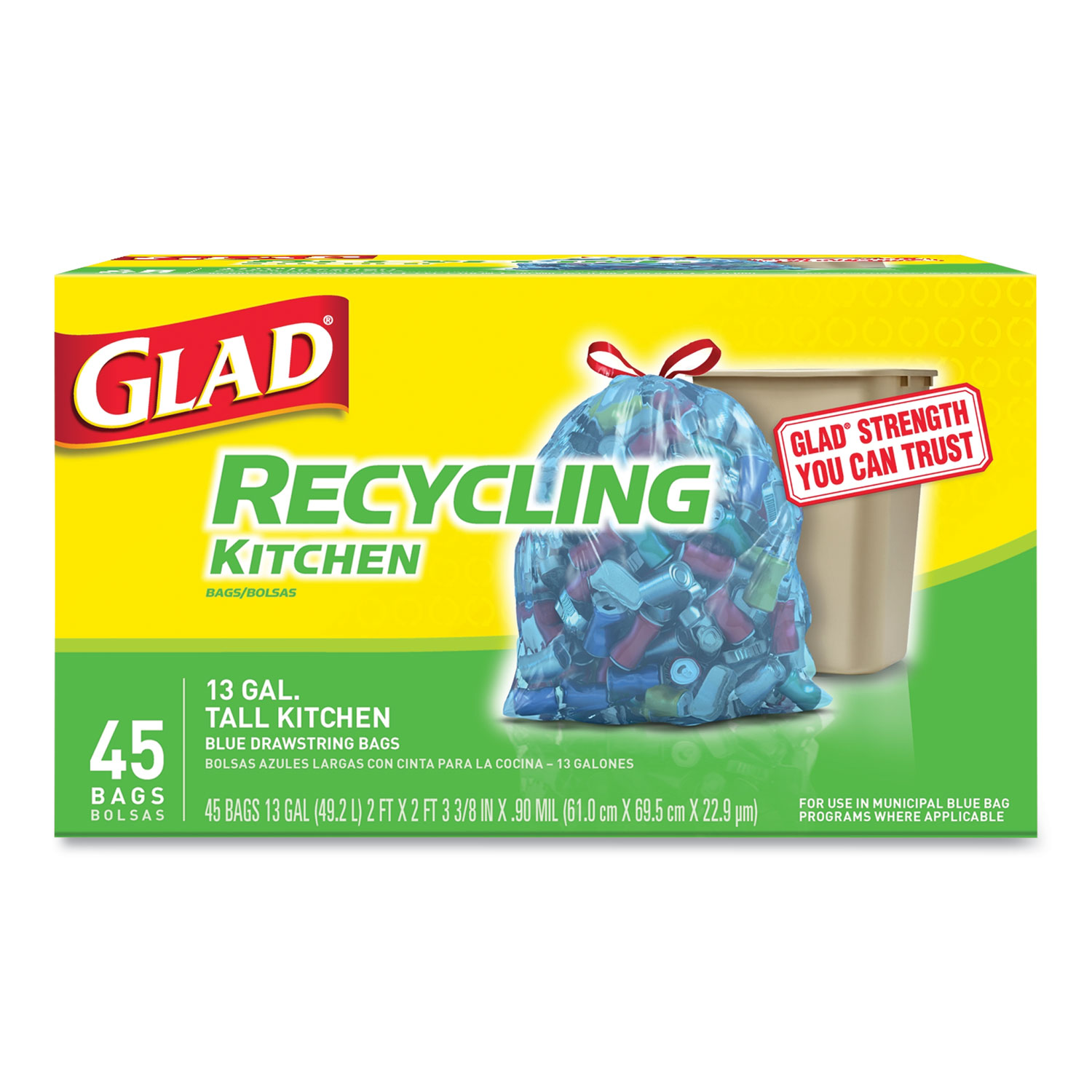  Glad CLO 78542 Tall Kitchen Blue Recycling Bags, 13 gal, 0.9 mil, 27.38 x 24, Translucent Blue, 45/Box (CLO78542BX) 