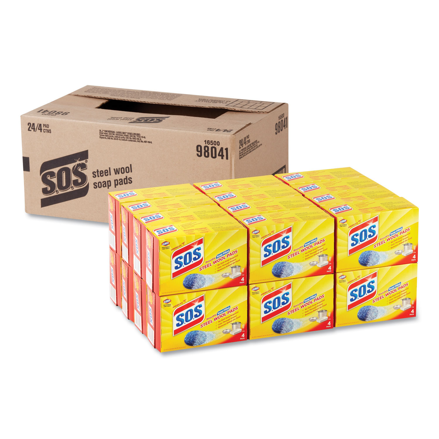  S.O.S. CLO 98041 Steel Wool Soap Pad, 4/Box, 24 Boxes/Carton (CLO98041) 
