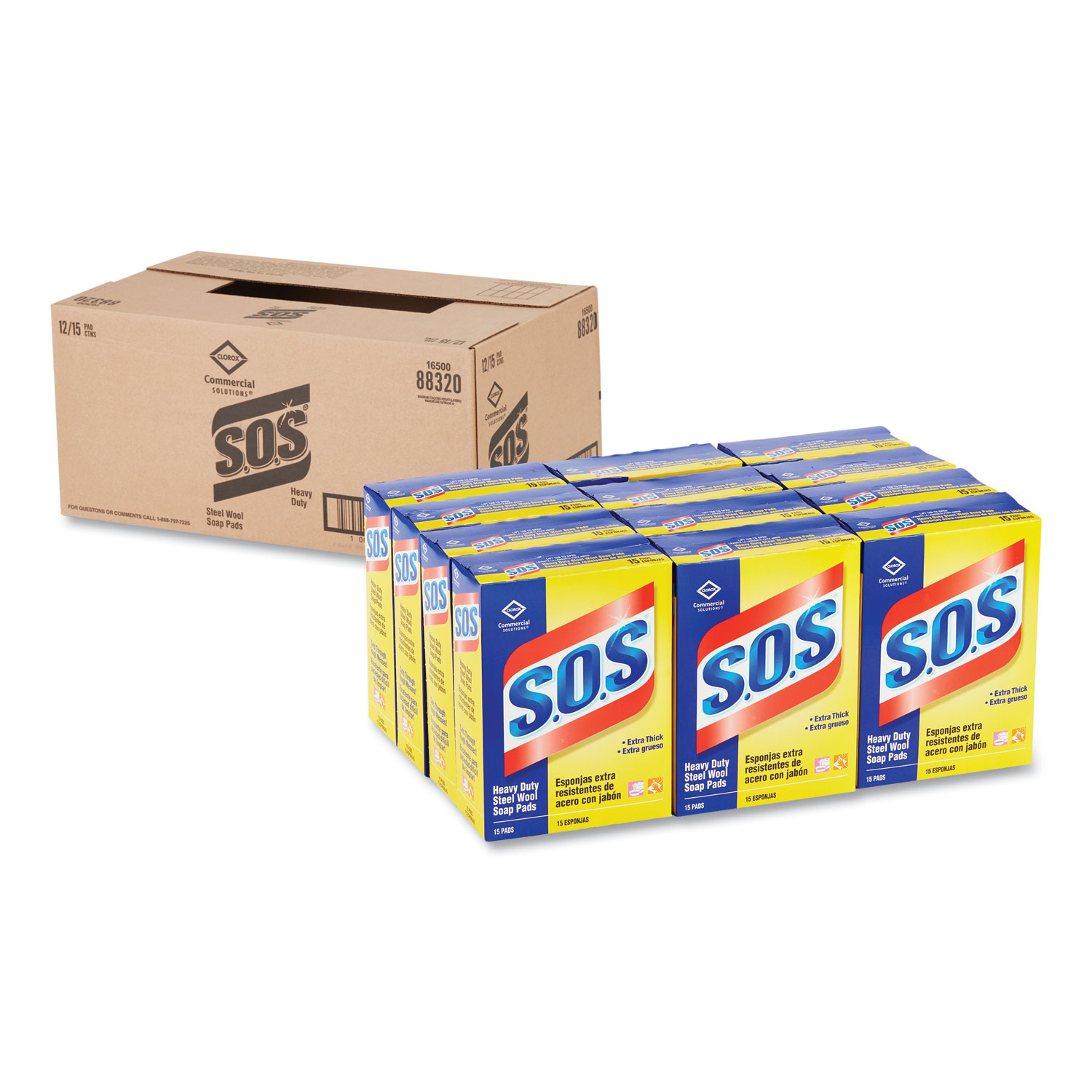  S.O.S. 88320 Steel Wool Soap Pad, 15 Pads/Box, 12 Boxes/Carton (CLO88320CT) 
