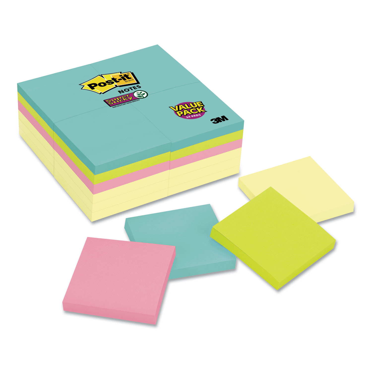  Post-it Notes Super Sticky 654-24SSCYM Note Pads Office Pack, 3 x 3, Canary/Miami, 90/Pad, 24 Pads/Pack (MMM65424SSCYM) 