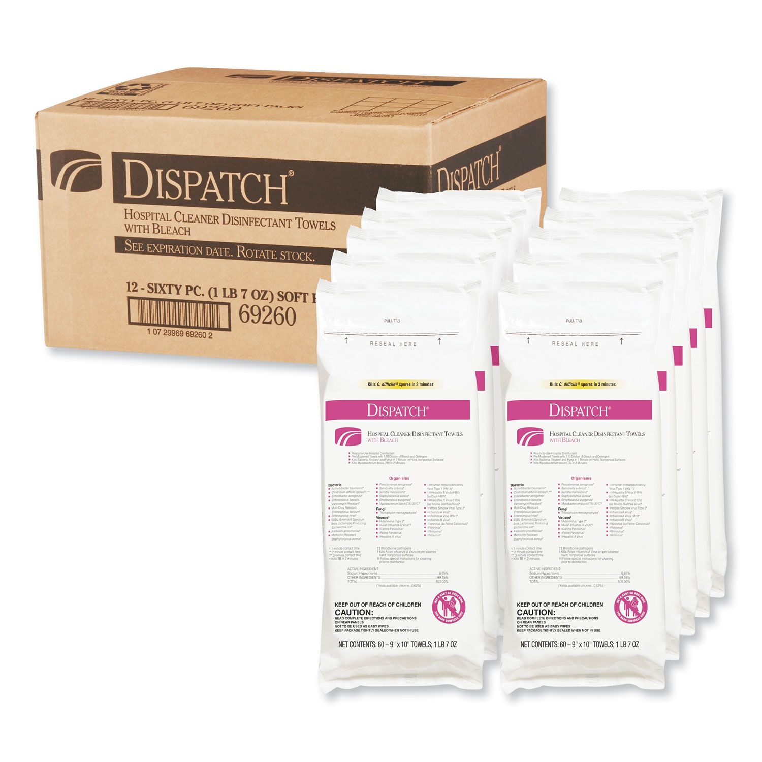  Clorox Healthcare CLO 69260 Dispatch Cleaner Disinfectant Towels with Bleach, 9 x 10, 60/Pack, 12 Pks/Carton (CLO69260) 