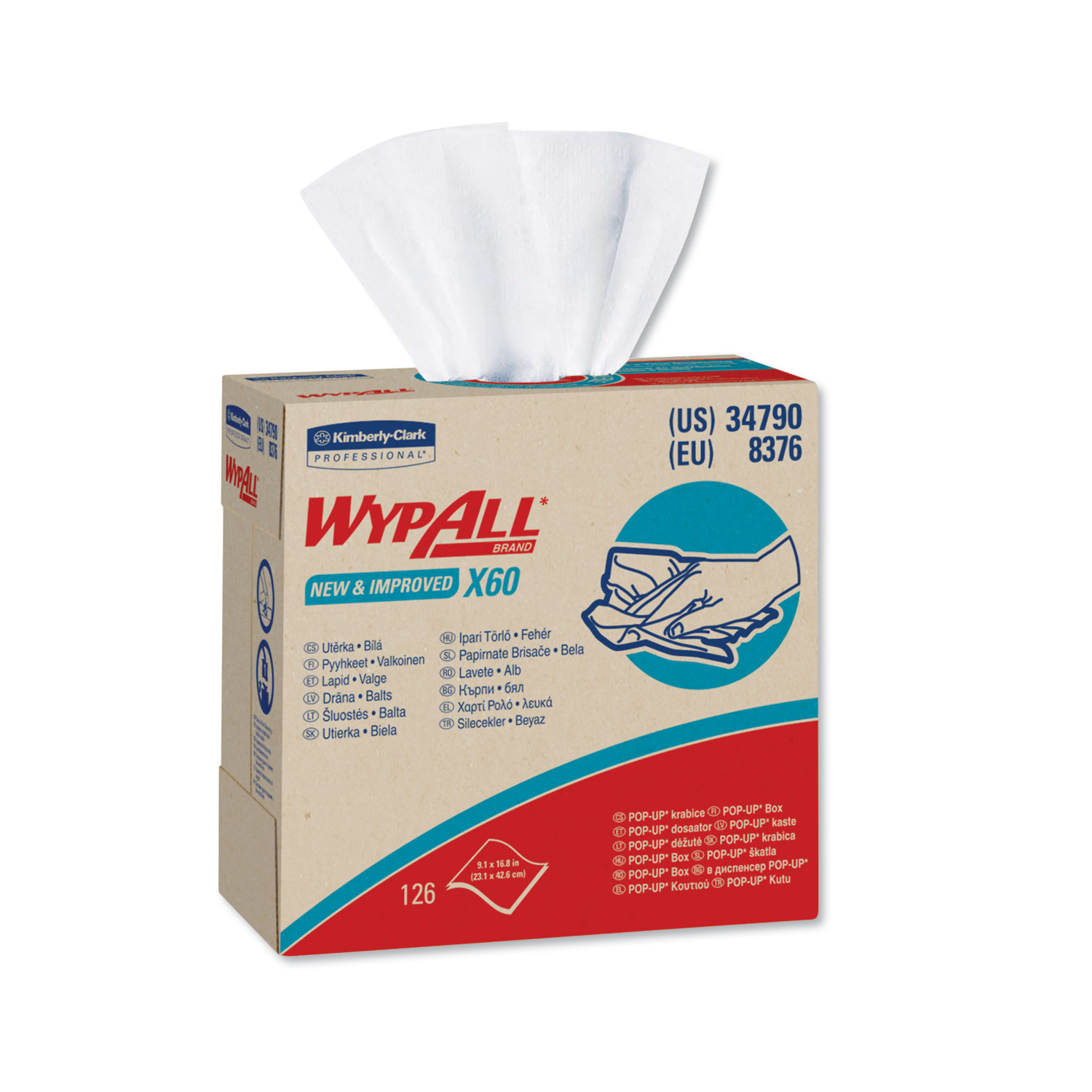  WypAll 34790CT X60 Cloths, POP-UP Box, White, 9 1/8 x 16 7/8, 126/Box, 10 Boxes/Carton (KCC34790CT) 