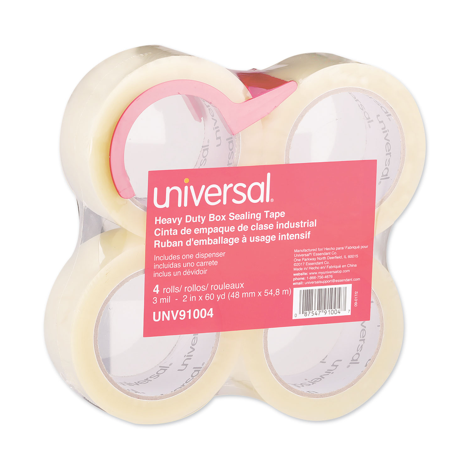  Universal UNV91004 Heavy-Duty Box Sealing Tape with Dispenser, 3 Core, 1.88 x 60 yds, Clear, 4/Box (UNV91004) 