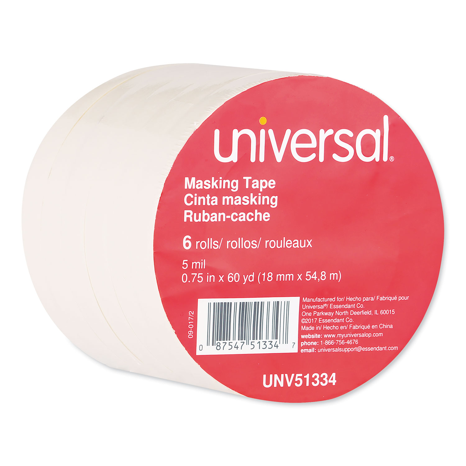  Universal UNV51334 Removable General-Purpose Masking Tape, 3 Core, 18 mm x 54.8 m, Beige, 6/Pack (UNV51334) 