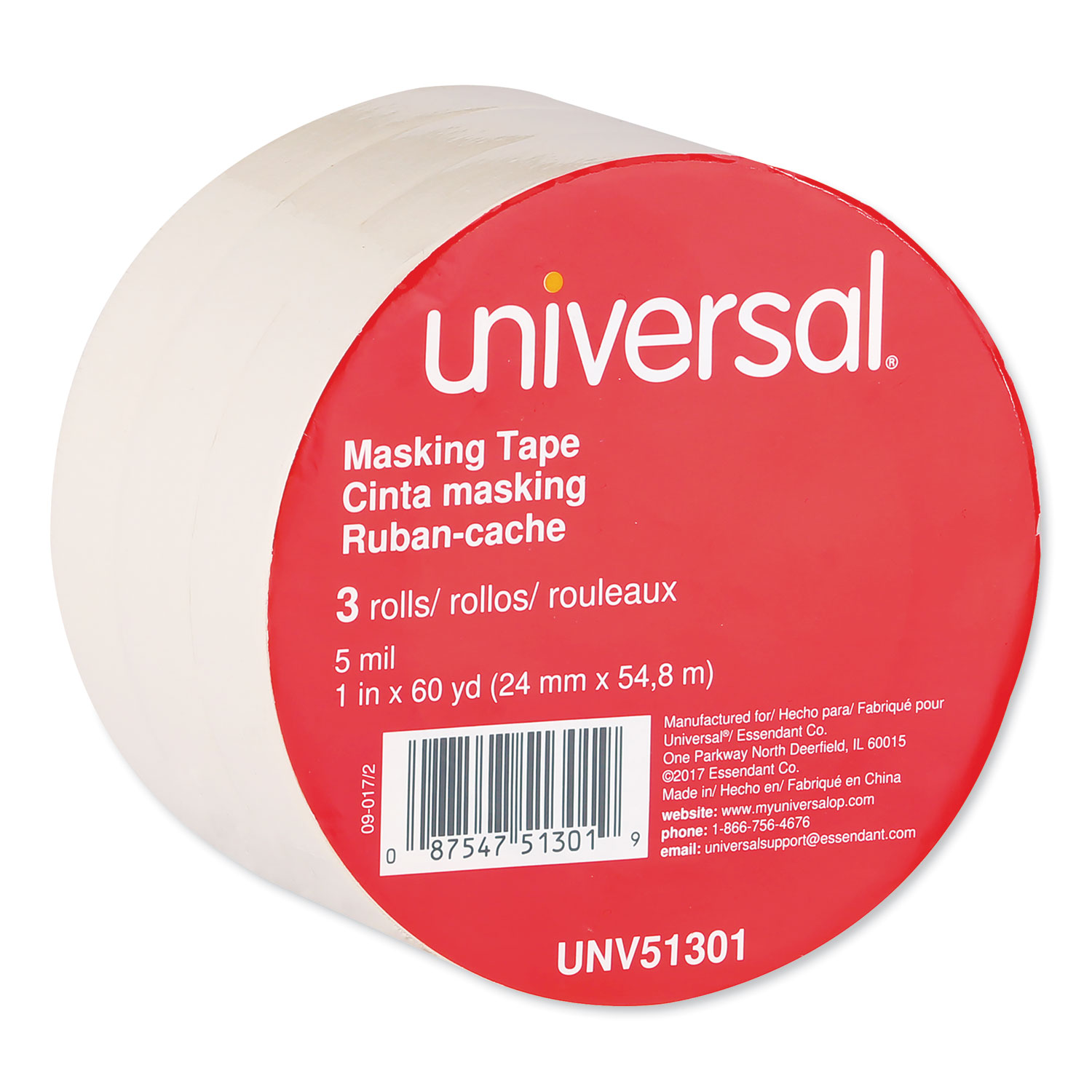  Universal UNV51301 General-Purpose Masking Tape, 3 Core, 24 mm x 54.8 m, Beige, 3/Pack (UNV51301) 