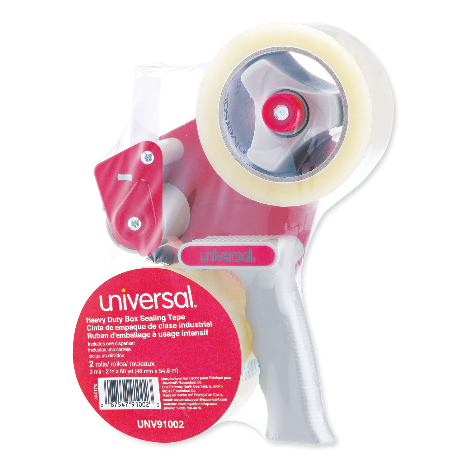  Universal UNV91002 Heavy-Duty Box Sealing Tape with Pistol Grip Dispenser, 3 Core, 1.88 x 60 yds, Clear, 1 Dispenser and 2 Tape Rolls/Pack (UNV91002) 