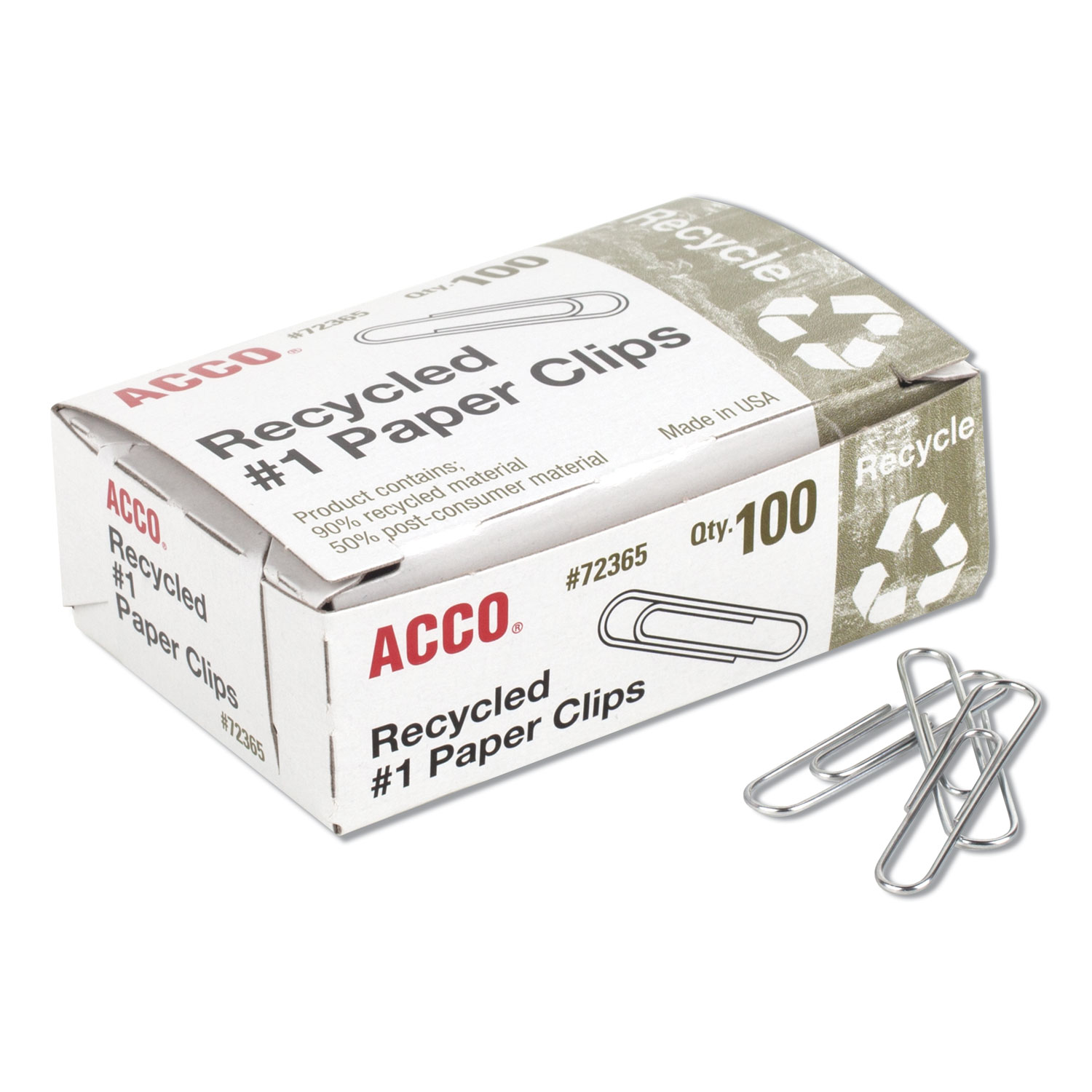  ACCO A7072365A Recycled Paper Clips, Medium (No. 1), Silver, 100/Box, 10 Boxes/Pack (ACC72365) 