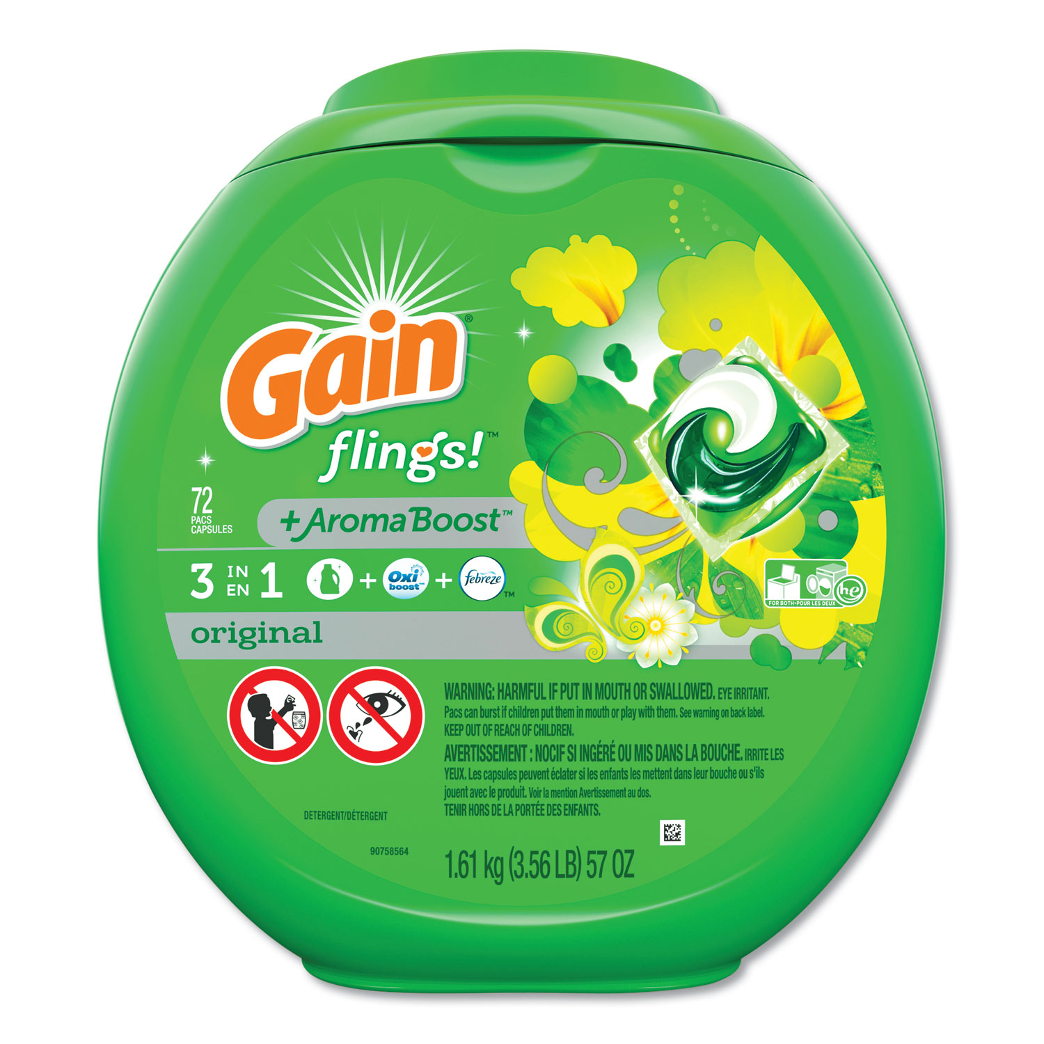  Gain 86792 Flings Detergent Pods, Original, 72/Container, 4 Container/Carton (PGC86792CT) 