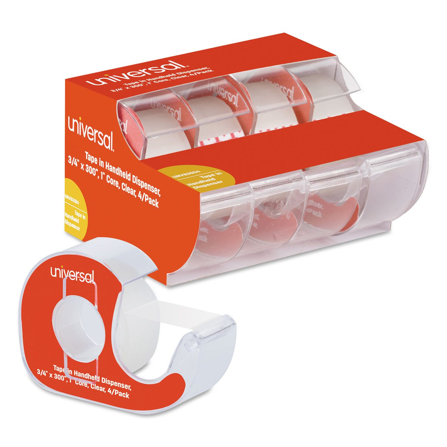  Universal UNV83504 Invisible Tape with Handheld Dispenser, 1 Core, 0.75 x 25 ft, Clear, 4/Pack (UNV83504) 