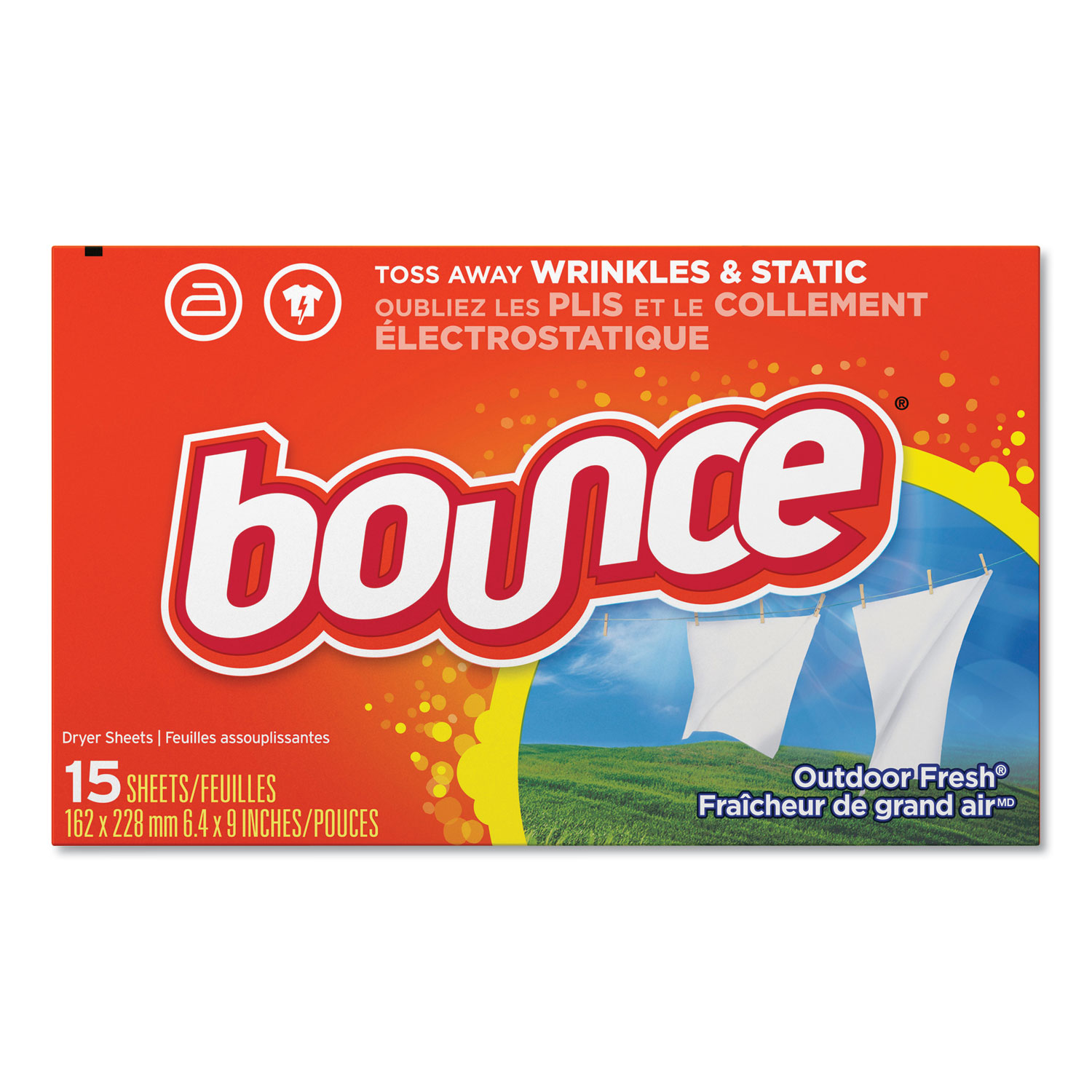  Bounce 95860 Fabric Softener Sheets, Outdoor Fresh, 15/Box, 15 Box/Carton (PGC95860CT) 