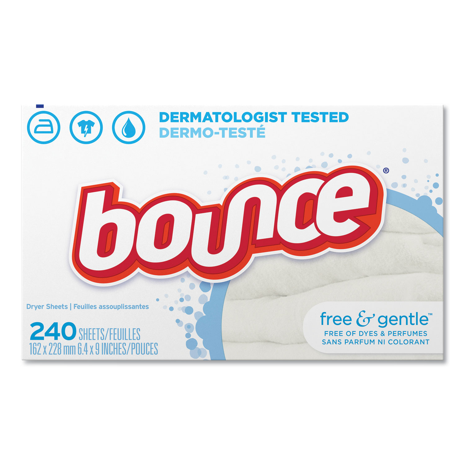  Bounce 24684 Free & Gentle Fabric Softener Dryer Sheets, Unscented, 240/Box, 6 Box/Carton (PGC24684) 
