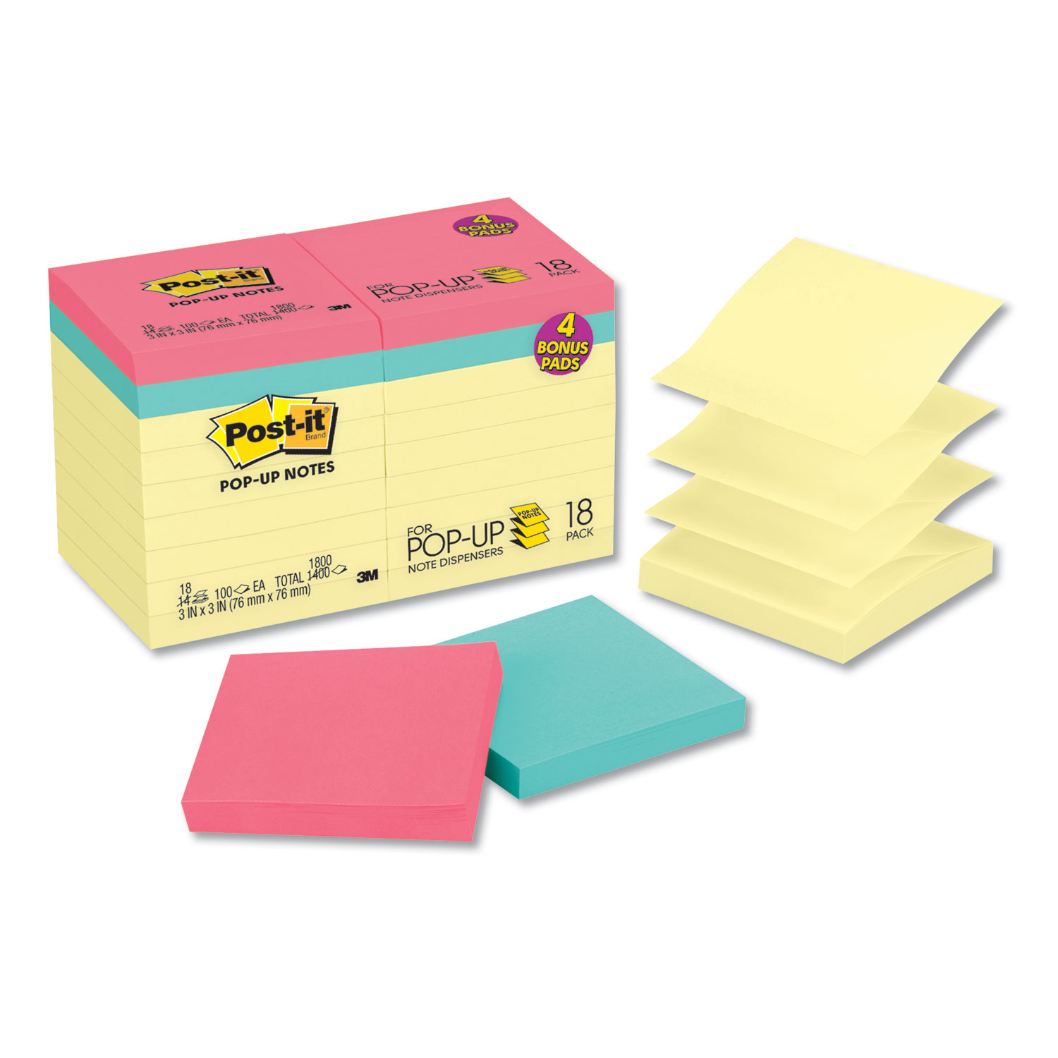  Post-it Pop-up Notes R330-14-4B Original Pop-up Notes Value Pack, 3 x 3, Canary/Cape Town, 100-Sheet, 18/Pack (MMMR330144B) 