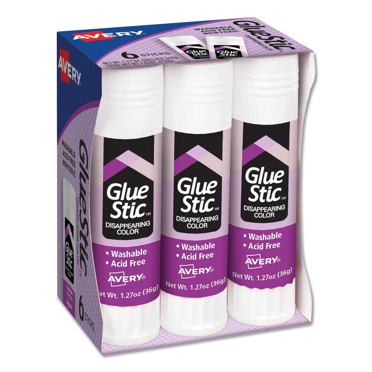  Avery 98071 Permanent Glue Stic Value Pack, 1.27 oz, Applies Purple, Dries Clear, 6/Pack (AVE98071) 