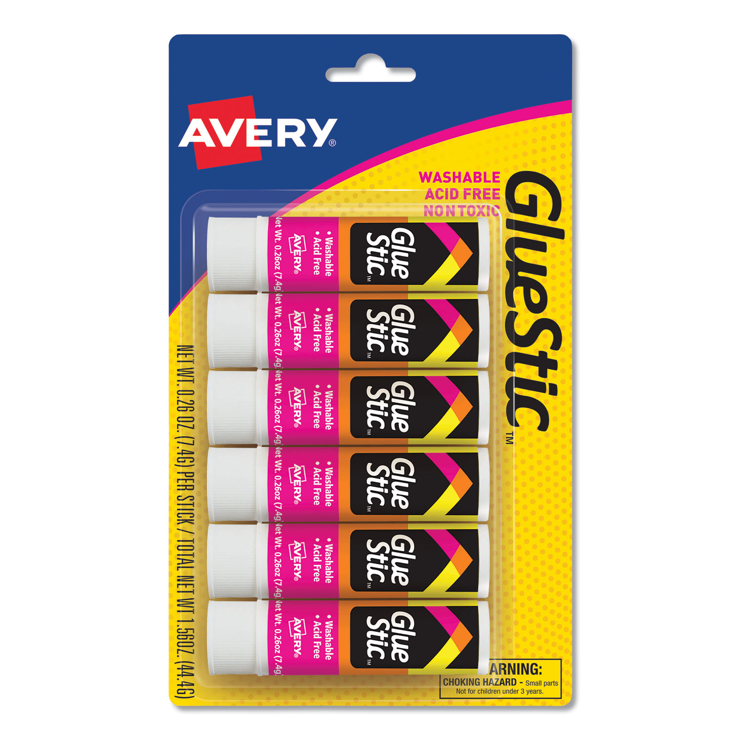 Avery 98095 Permanent Glue Stic Value Pack, 0.26 oz, Applies White, Dries Clear, 6/Pack (AVE98095) 