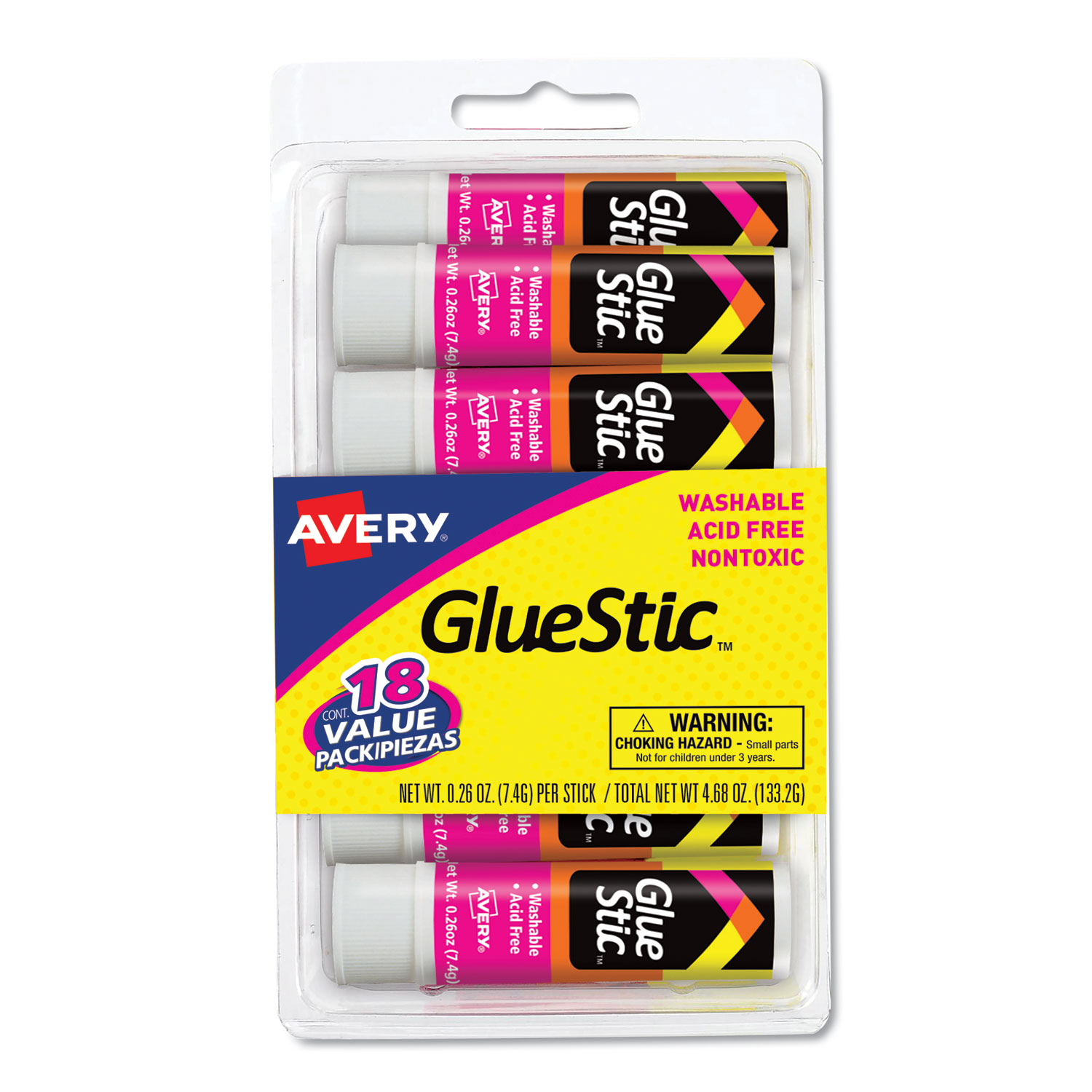 Avery 98089 Permanent Glue Stic Value Pack, 0.26 oz, Applies White, Dries Clear, 18/Pack (AVE98089) 