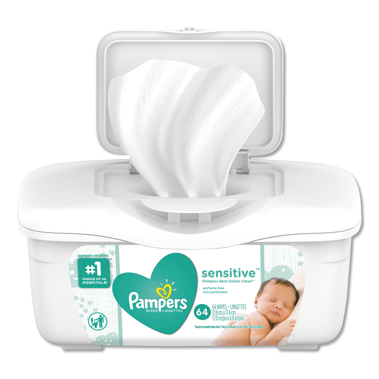  Pampers 19505EA Sensitive Baby Wipes, White, Cotton, Unscented, 64/Tub (PGC19505EA) 