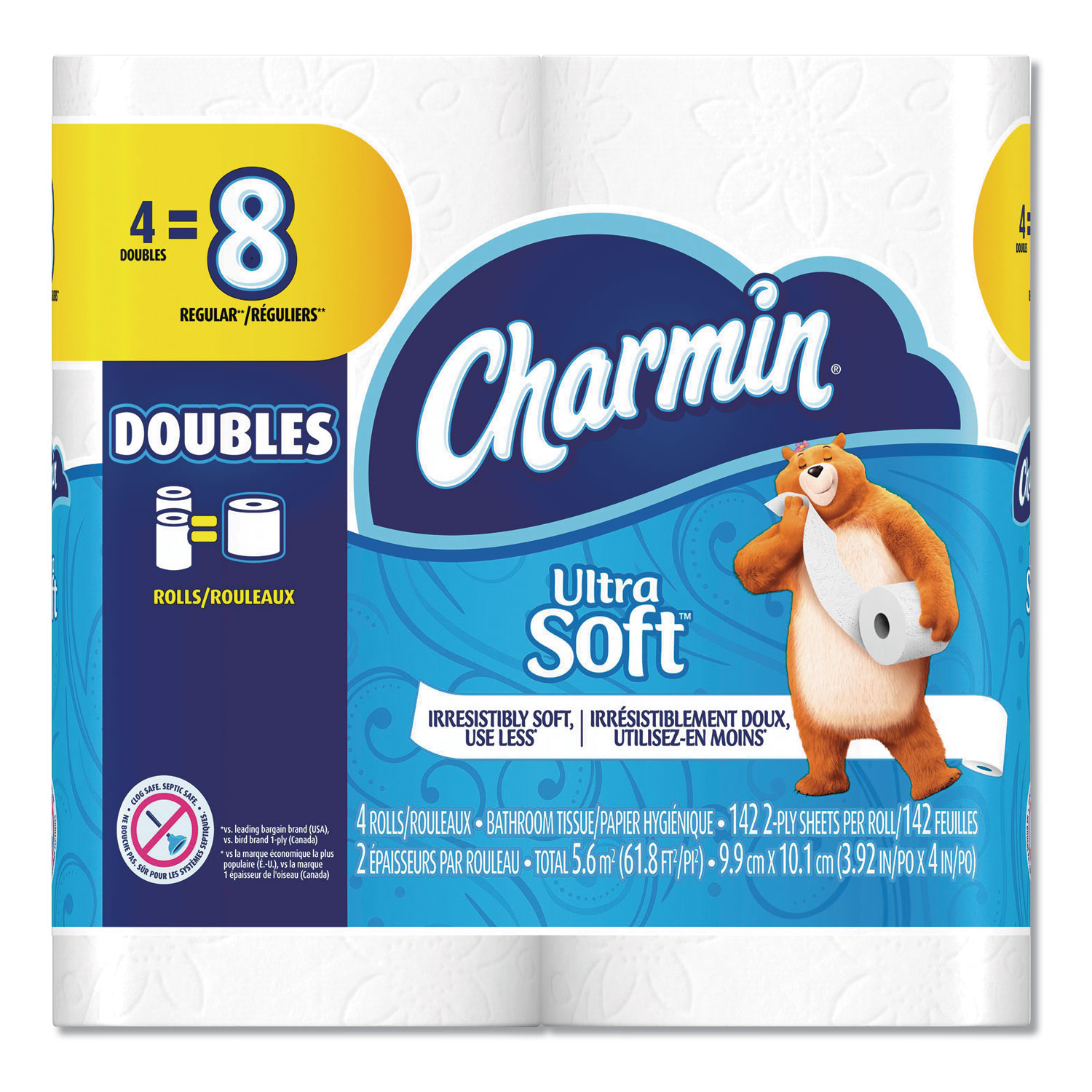  Charmin 13258PK Ultra Soft Bathroom Tissue, Septic Safe, 2-Ply, White, 4 x 3.92, 142 Sheets/Roll, 4 Rolls/Pack (PGC13258PK) 