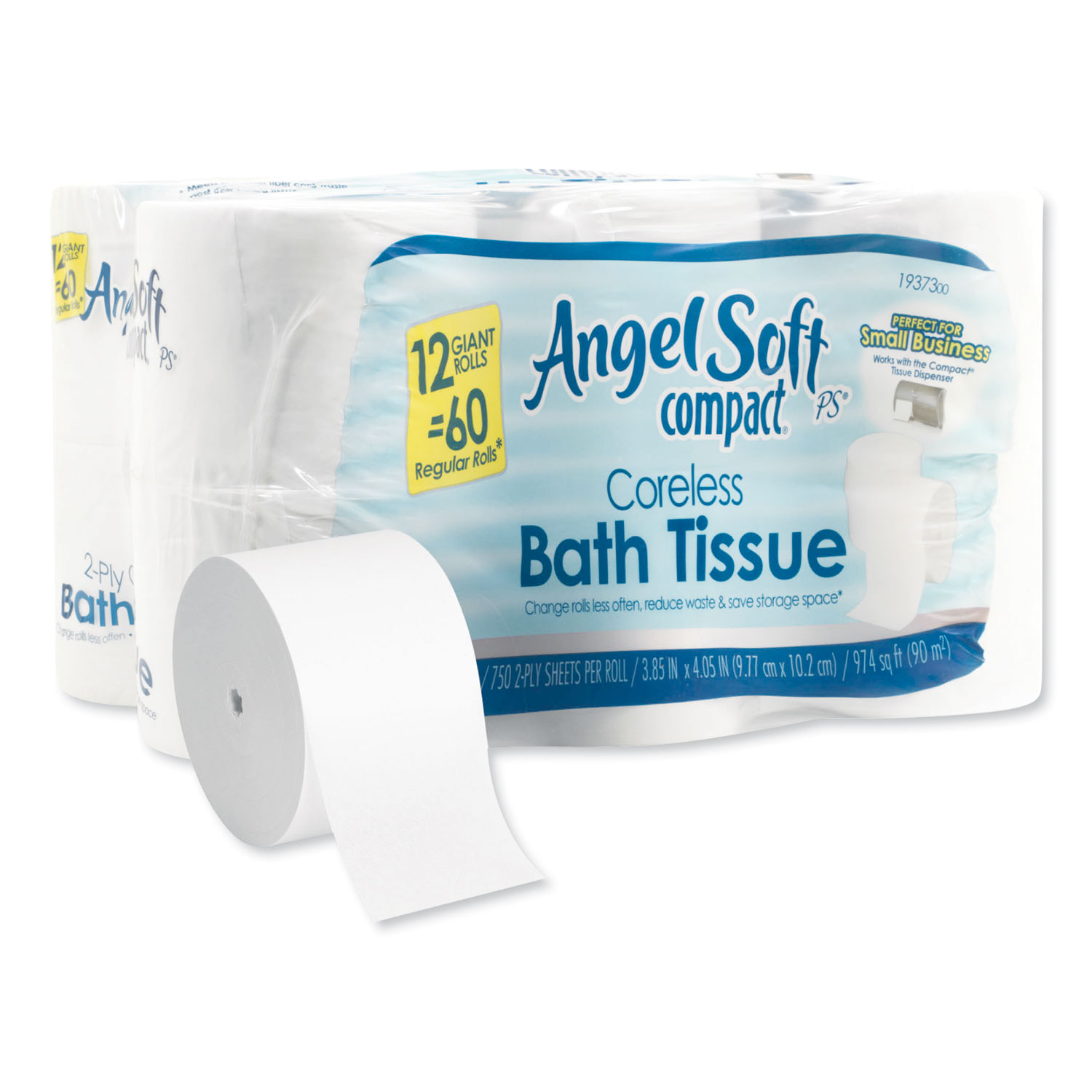  Georgia Pacific Professional 1937300 Angel Soft ps Compact Coreless Bath Tissue, Septic Safe, 2-Ply, White, 750 Sheets/Roll, 12 Rolls/Carton (GPC1937300) 