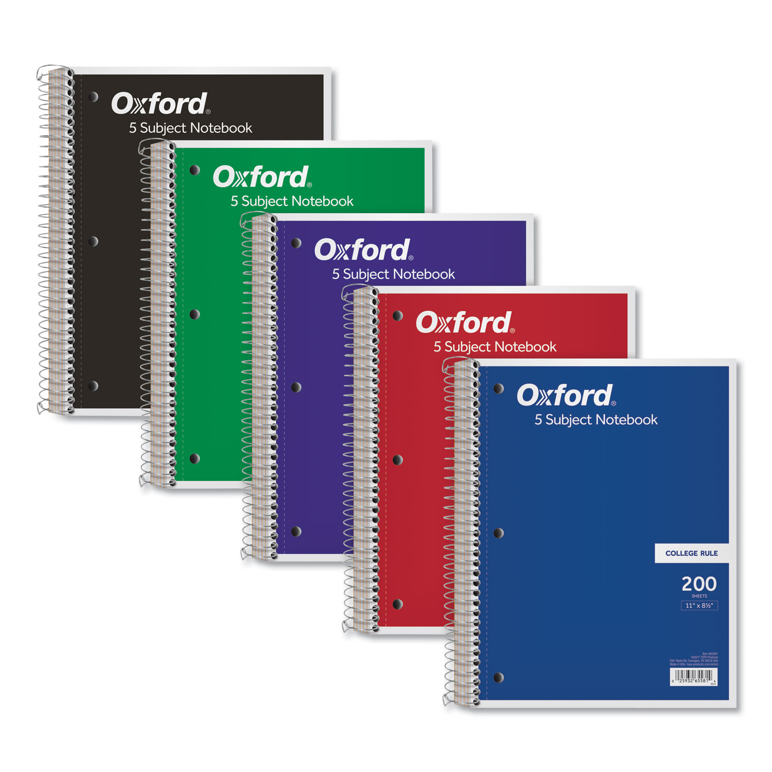  Oxford 65581 Coil-Lock Wirebound Notebooks, 5 Subjects, Medium/College Rule, Assorted Color Covers, 11 x 8.5, 200 Sheets (TOP65581) 