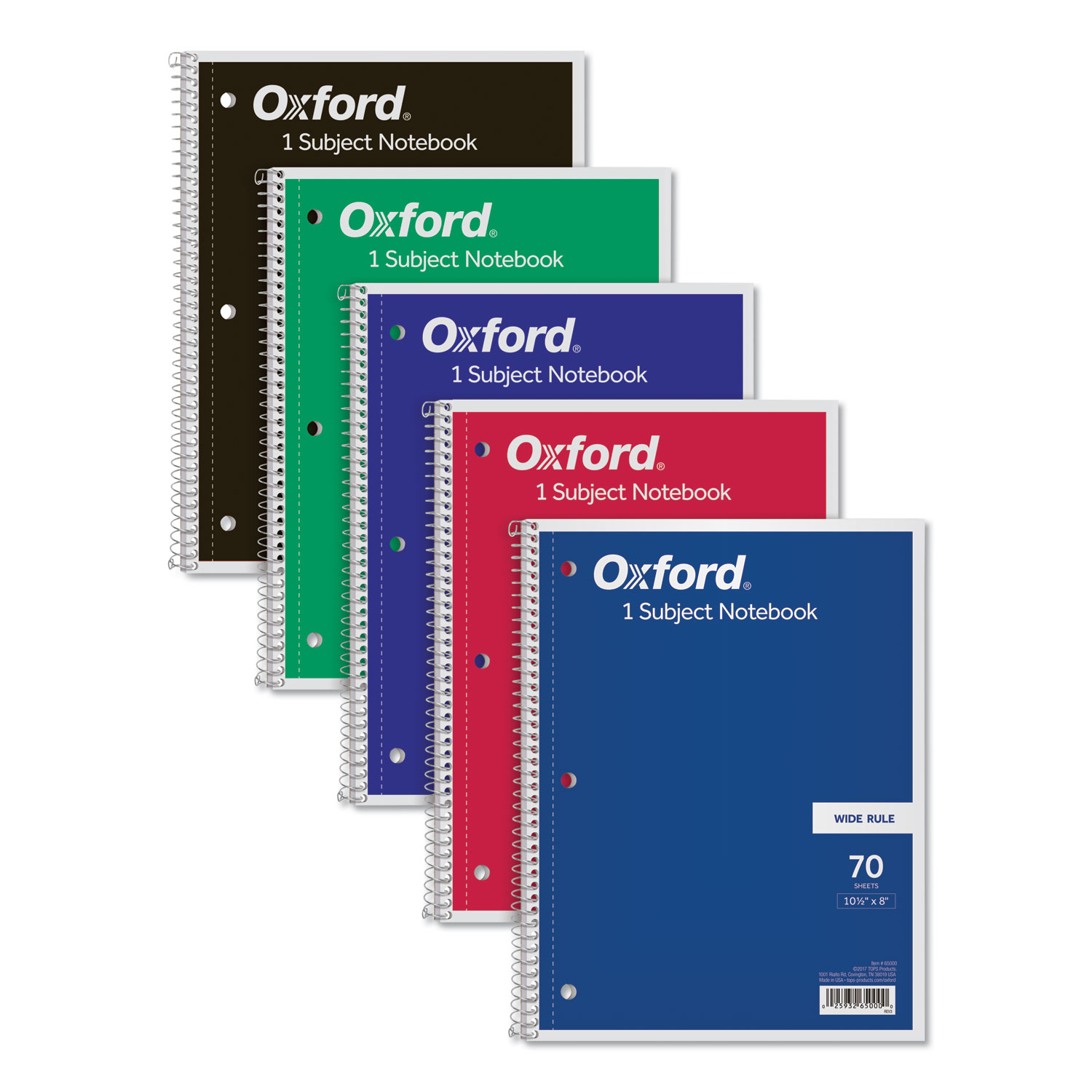  Oxford 65000 Coil-Lock Wirebound Notebooks, 1 Subject, Wide/Legal Rule, Assorted Color Covers, 10.5 x 8, 70 Sheets (TOP65000) 