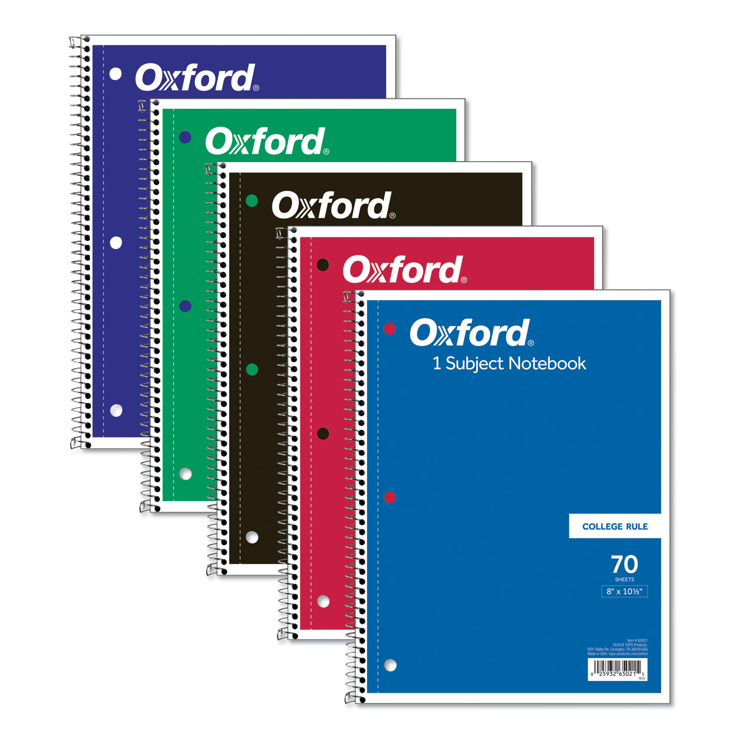  Oxford 65021 Coil-Lock Wirebound Notebooks, 1 Subject, Medium/College Rule, Assorted Color Covers, 10.5 x 8, 70 Sheets (TOP65021) 