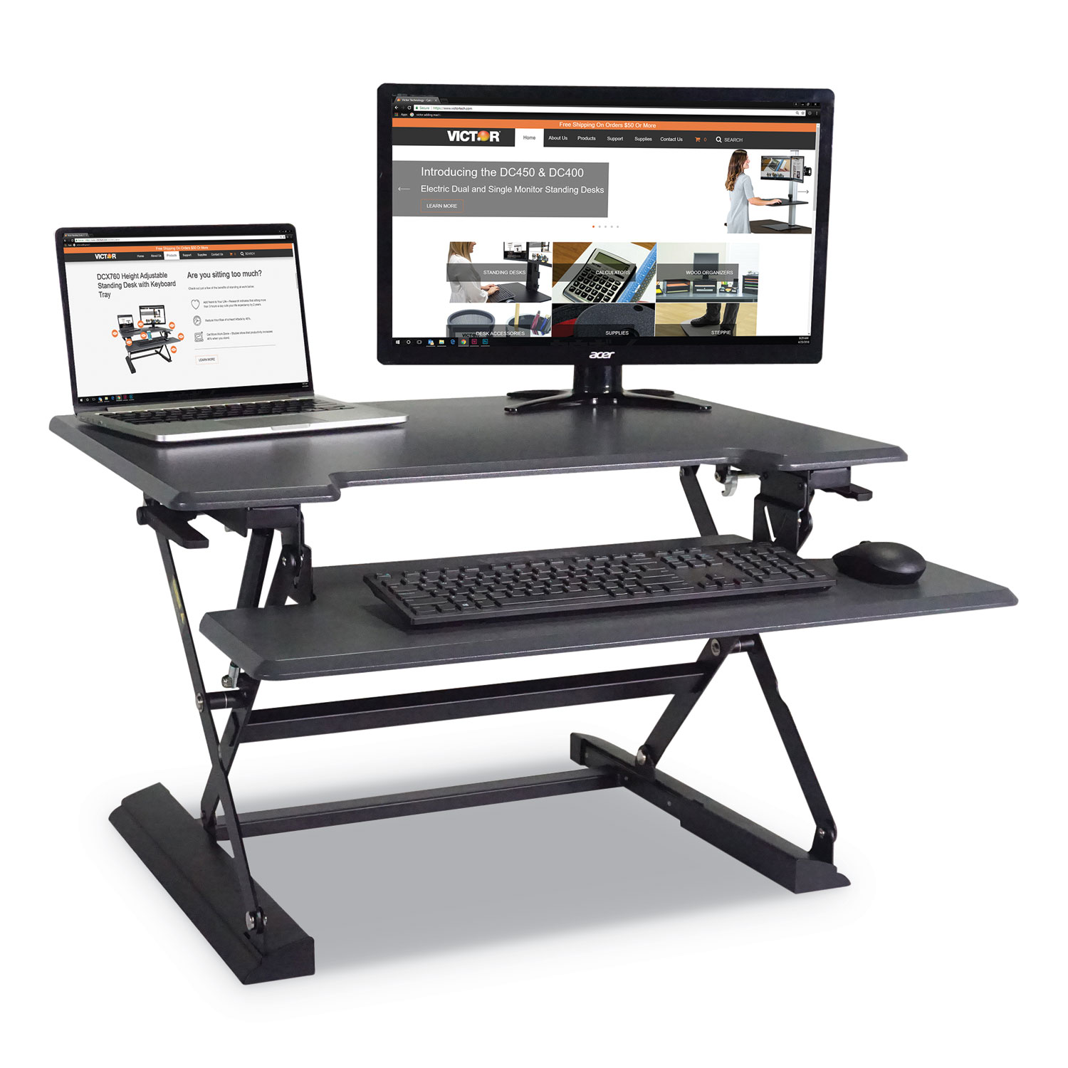  Victor DCX710G High Rise Height Adjustable Standing Desk with Keyboard Tray, 31w x 31.25d x 21h, Gray/Black (VCTDCX710) 