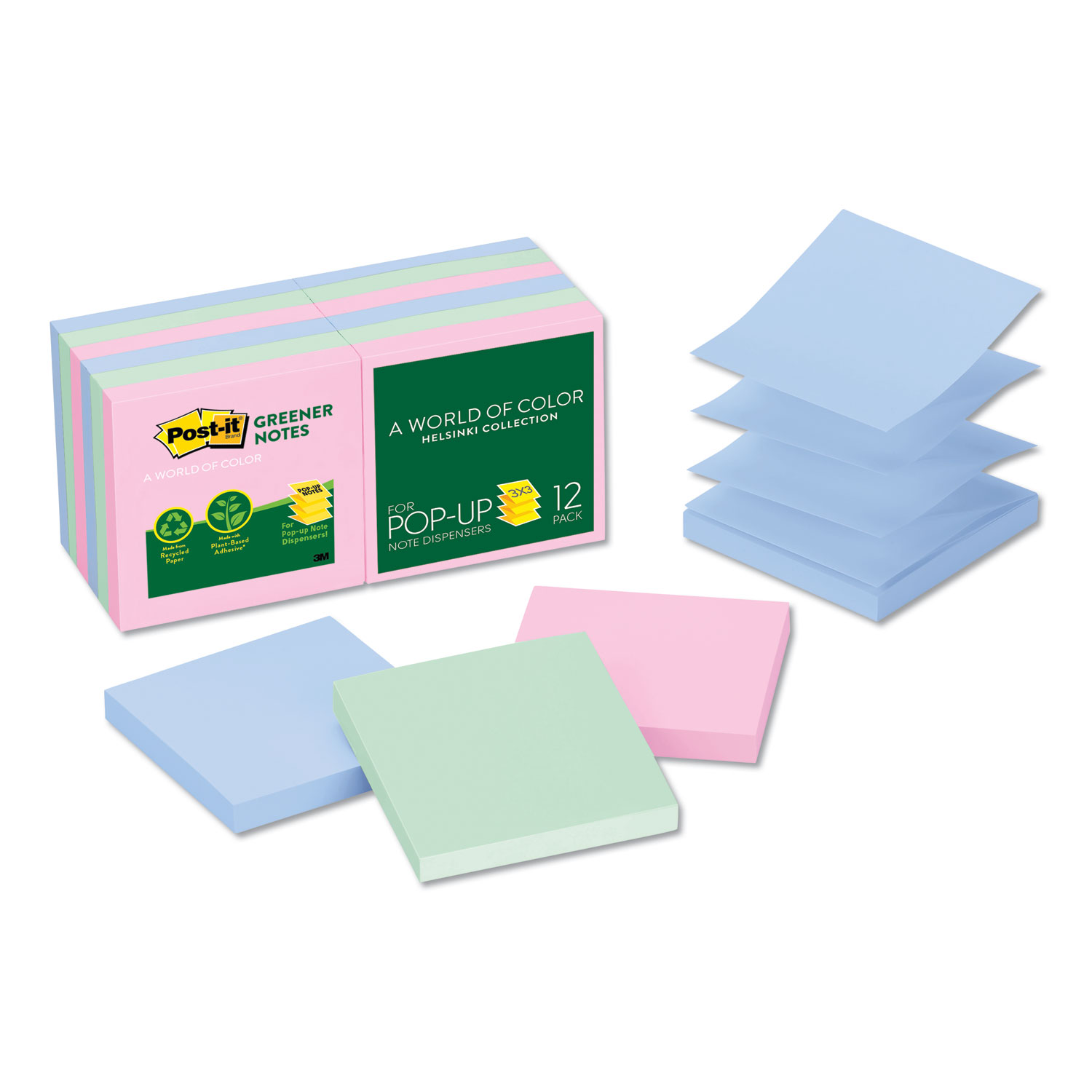  Post-it Greener Notes R330RP-12AP Recycled Pop-up Notes, 3 x 3, Assorted Helsinki Colors, 100-Sheet, 12/Pack (MMMR330RP12AP) 
