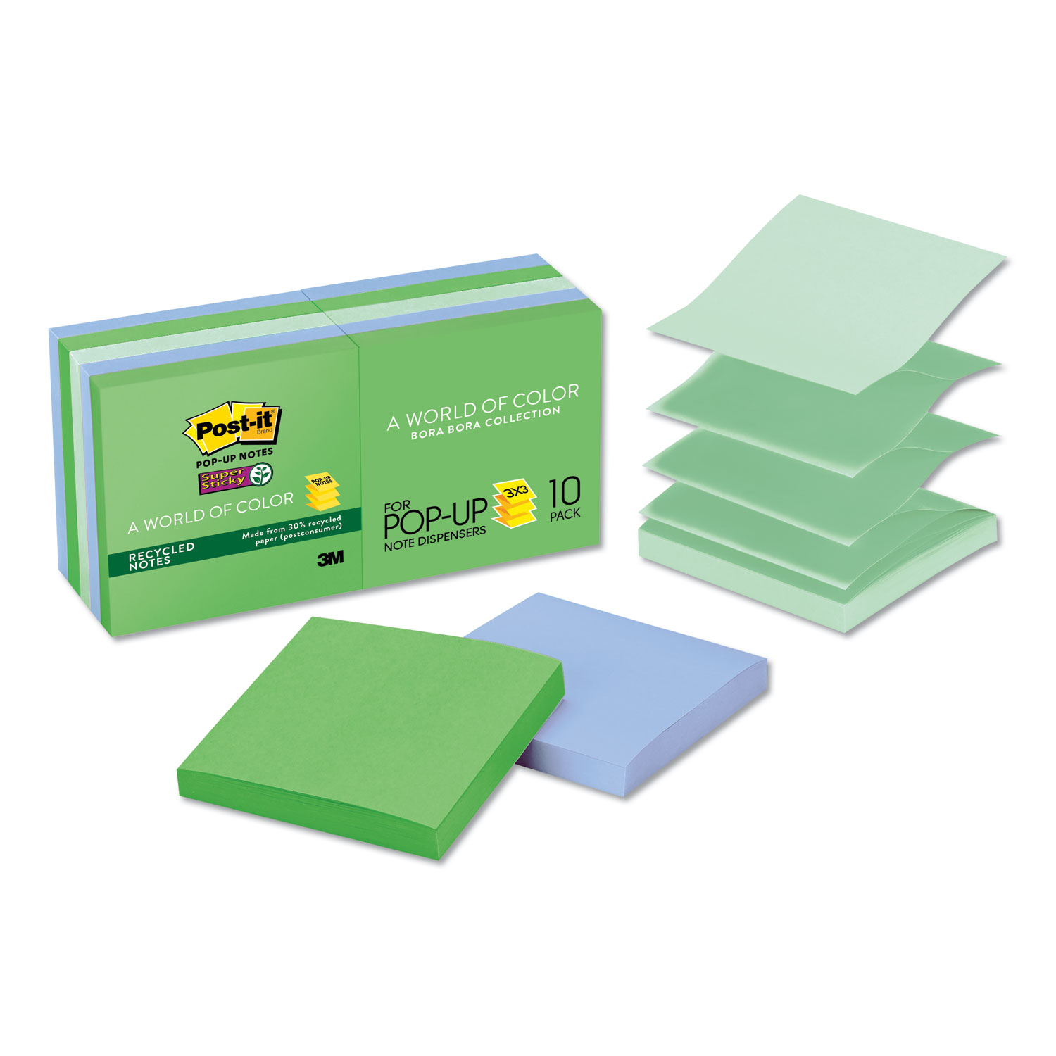  Post-it Pop-up Notes Super Sticky R330-10SST Pop-up Recycled Notes in Bora Bora Colors, 3 x 3, 90-Sheet, 10/Pack (MMMR33010SST) 