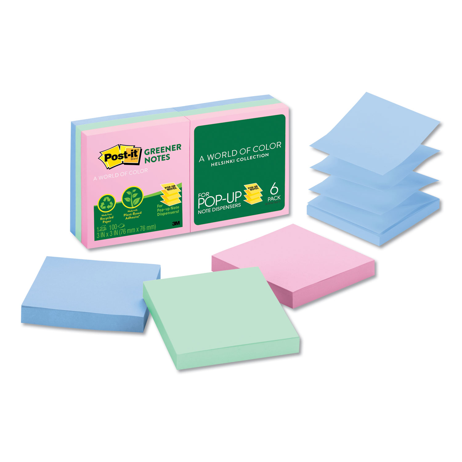  Post-it Greener Notes R330RP-6AP Recycled Pop-up Notes, 3 x 3, Assorted Helsinki Colors, 100-Sheet, 6/Pack (MMMR330RP6AP) 