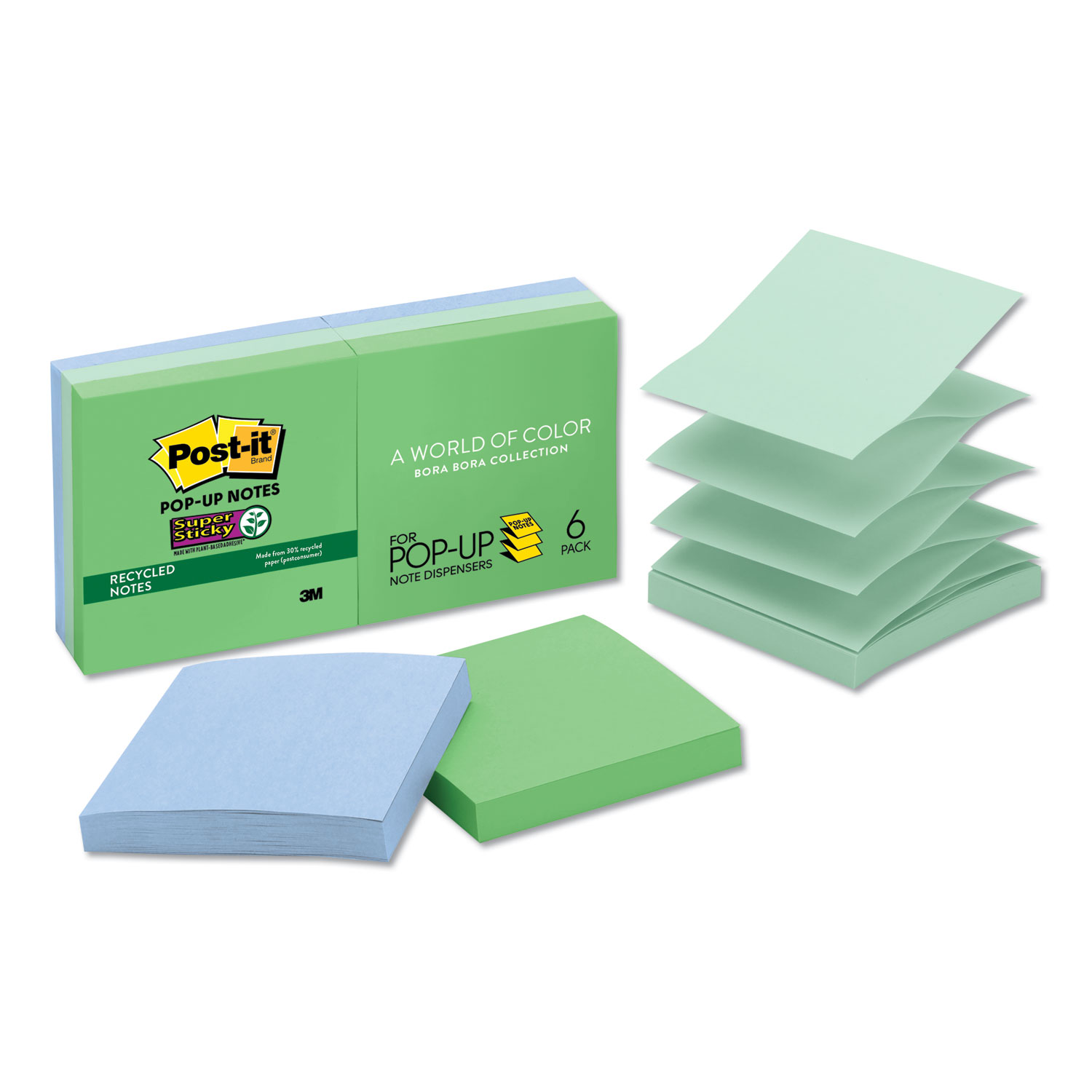  Post-it Pop-up Notes Super Sticky R330-6SST Pop-up Recycled Notes in Bora Bora Colors, 3 x 3, 90-Sheet, 6/Pack (MMMR3306SST) 