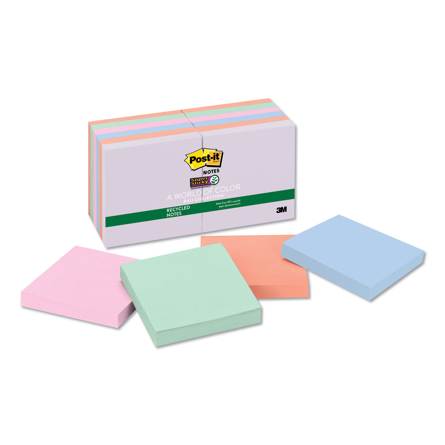  Post-it Notes Super Sticky 654-12SSNRP Recycled Notes in Bali Colors, 3 x 3, 90-Sheet, 12/Pack (MMM65412SSNRP) 