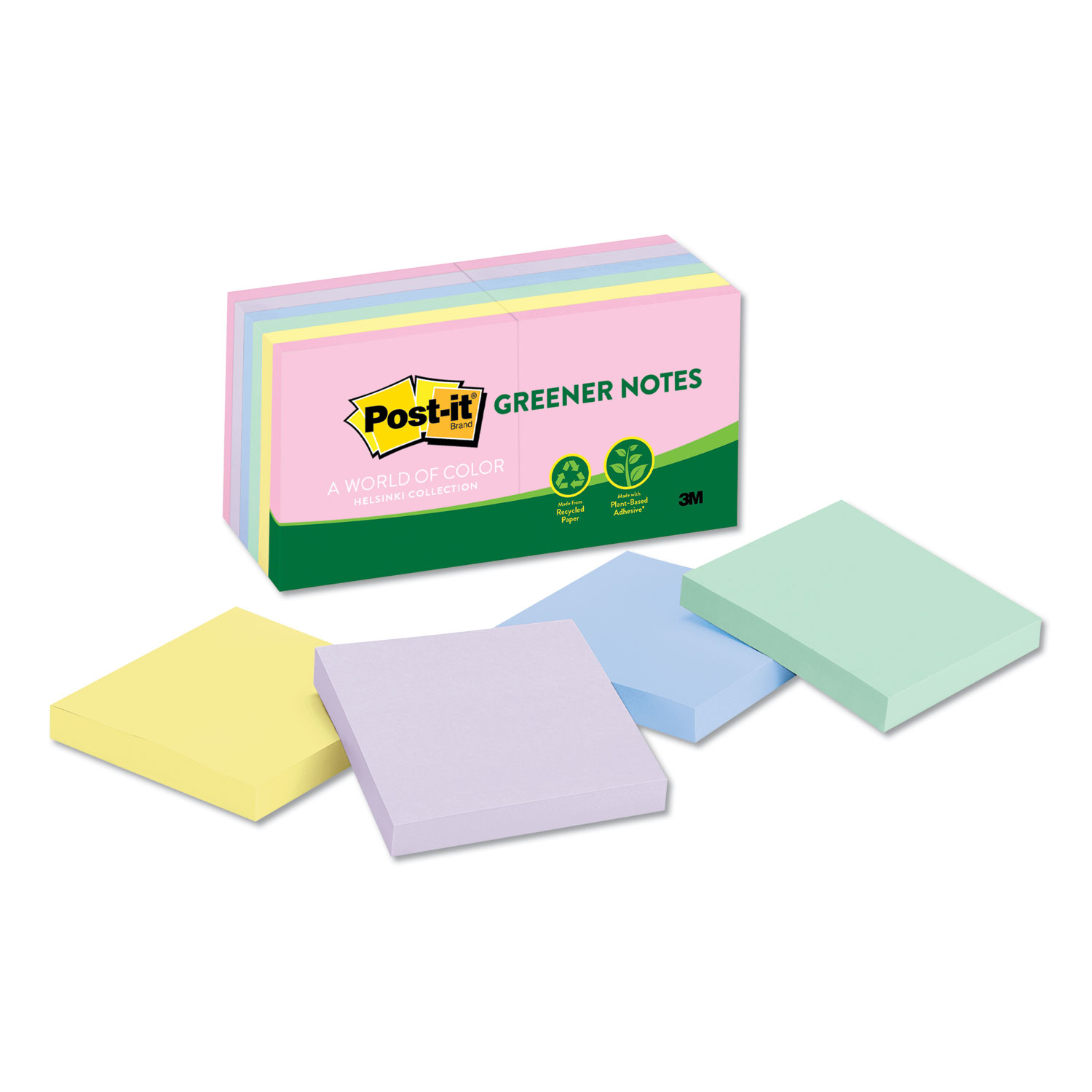  Post-it Greener Notes 654-RP-A Recycled Note Pads, 3 x 3, Assorted Helsinki Colors, 100-Sheet, 12/Pack (MMM654RPA) 