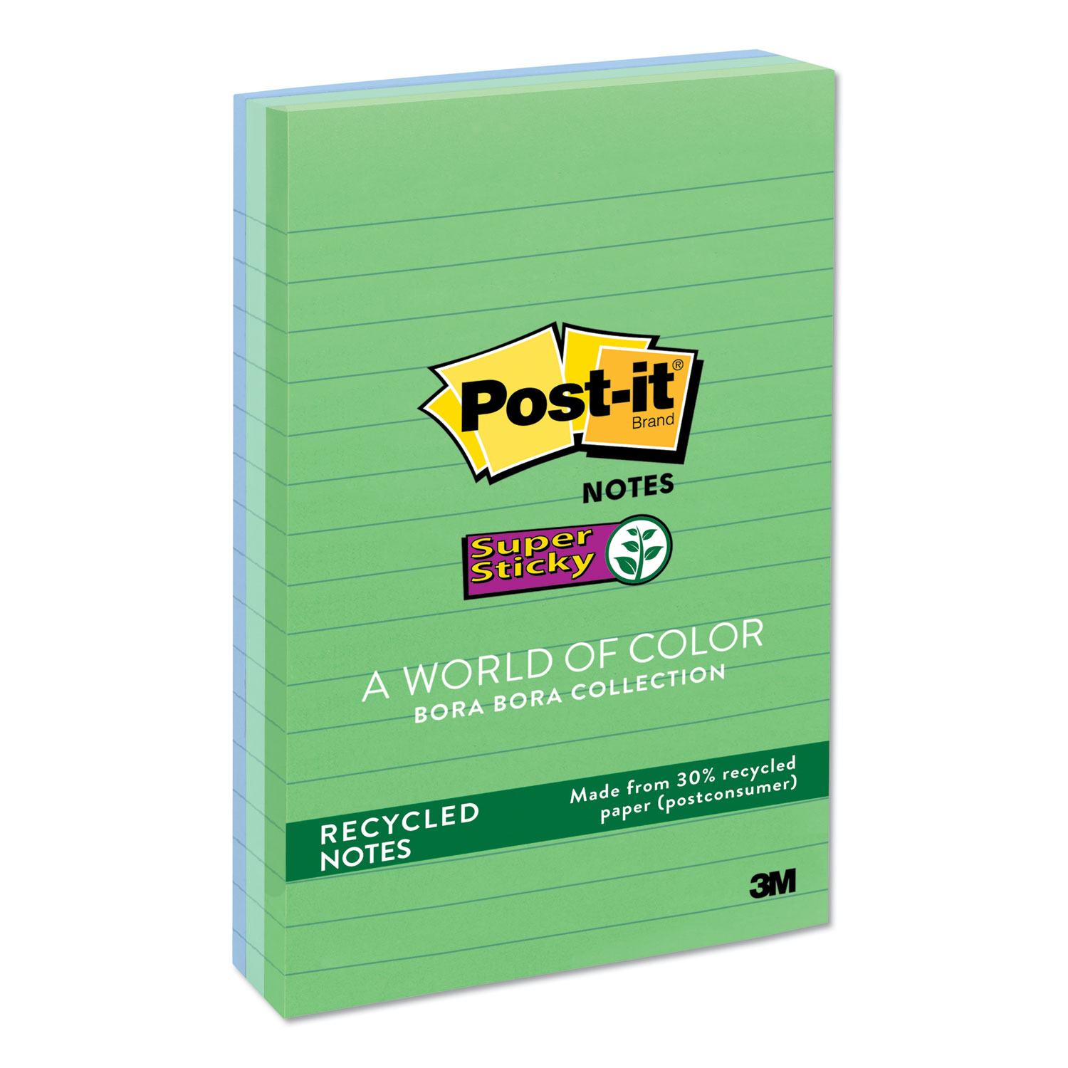  Post-it Notes Super Sticky 660-3SST Recycled Notes in Bora Bora Colors, Lined, 4 x 6, 90-Sheet, 3/Pack (MMM6603SST) 