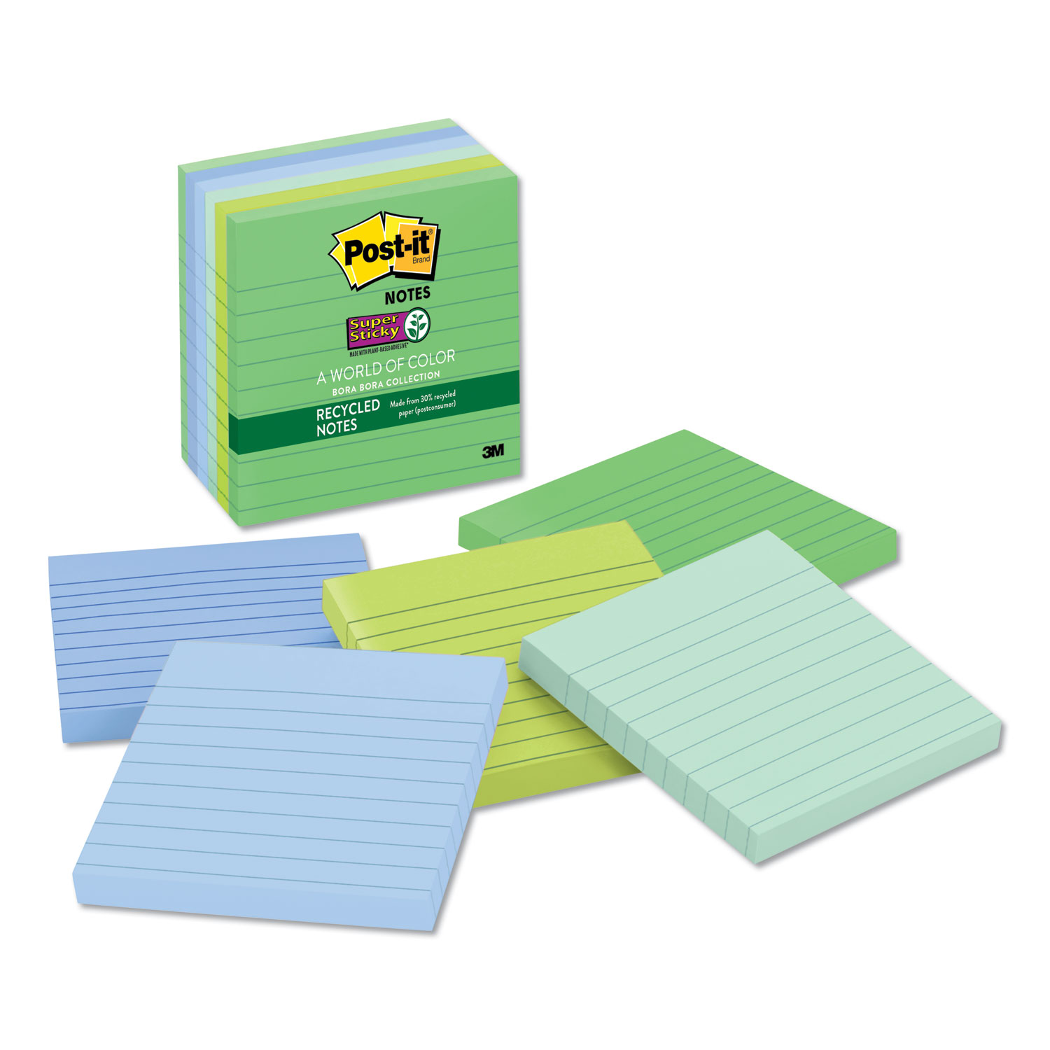  Post-it Notes Super Sticky 675-6SST Recycled Notes in Bora Bora Colors, Lined, 4 x 4, 90-Sheet, 6/Pack (MMM6756SST) 