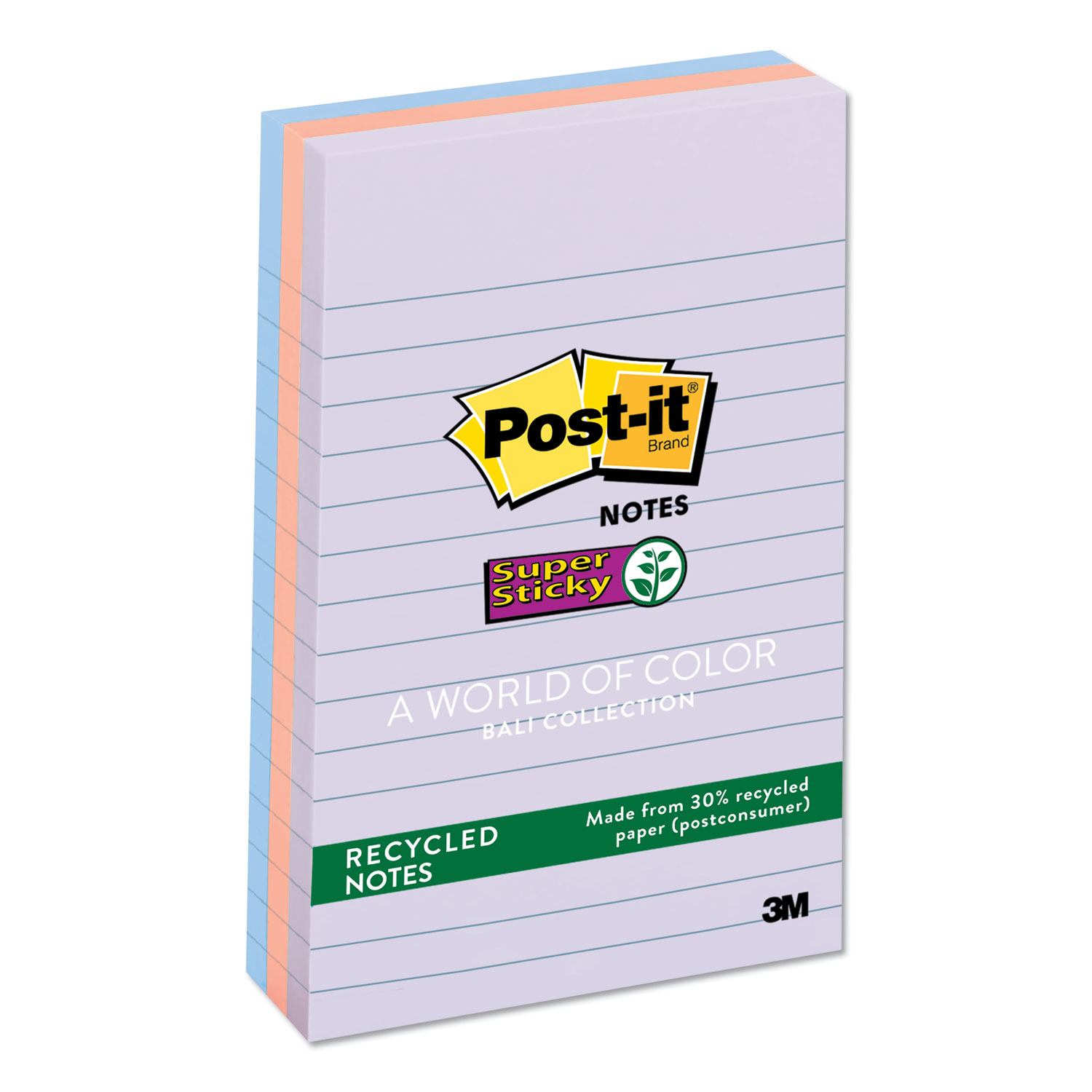  Post-it Notes Super Sticky 660-3SSNRP Recycled Notes in Bali Colors, Lined, 4 x 6, 90-Sheet, 3/Pack (MMM6603SSNRP) 