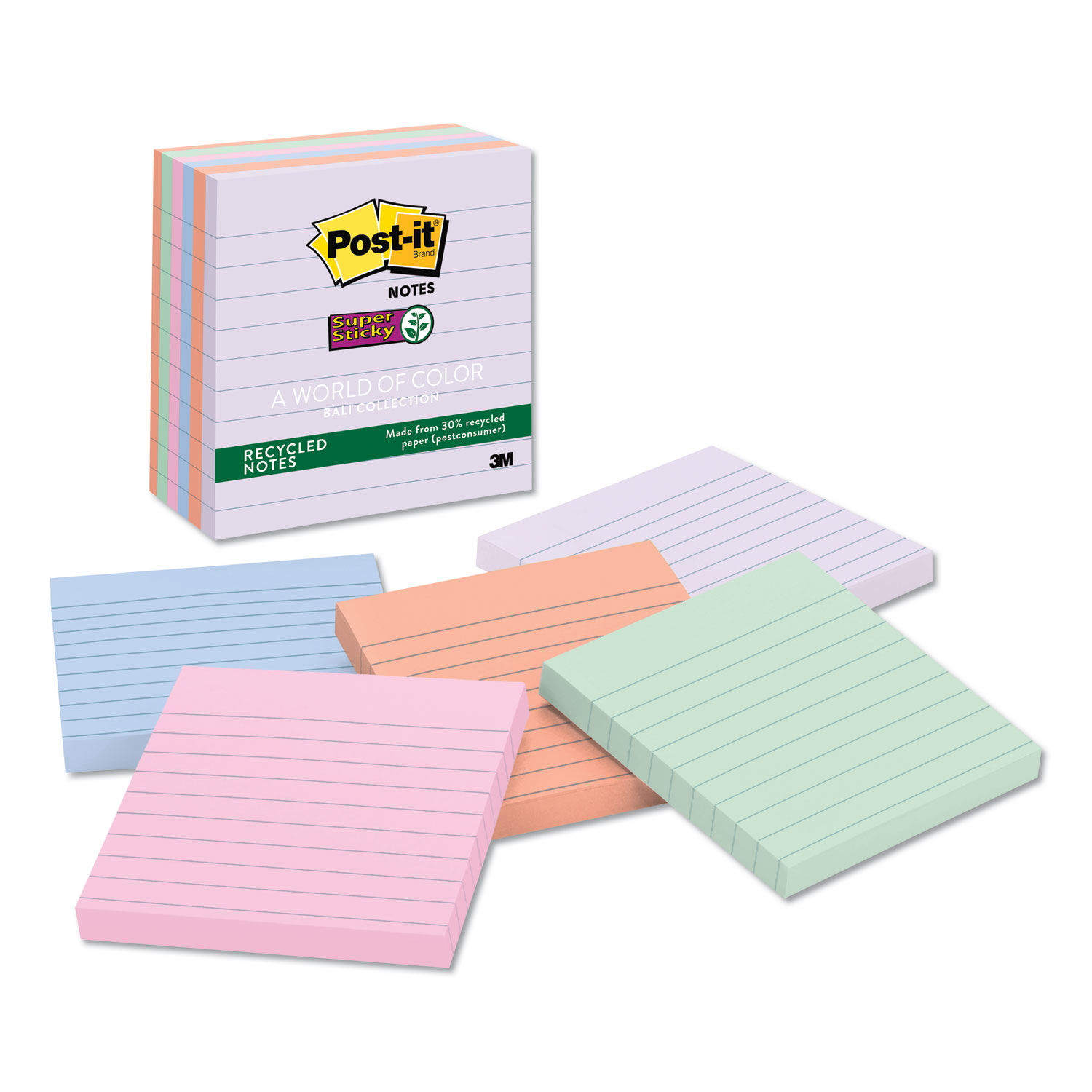  Post-it Notes Super Sticky 675-6SSNRP Recycled Notes in Bali Colors, Lined, 4 x 4, 90-Sheet, 6/Pack (MMM6756SSNRP) 