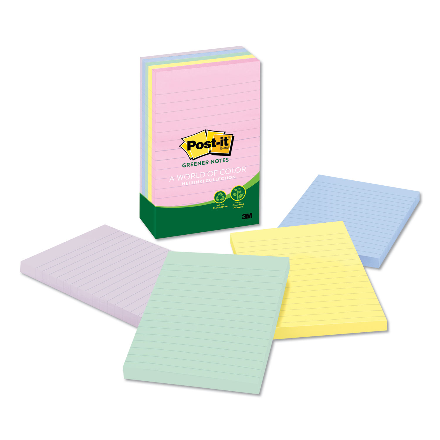  Post-it Greener Notes 660-RP-A Recycled Note Pads, Lined, 4 x 6, Assorted Helsinki Colors, 100-Sheet, 5/Pack (MMM660RPA) 