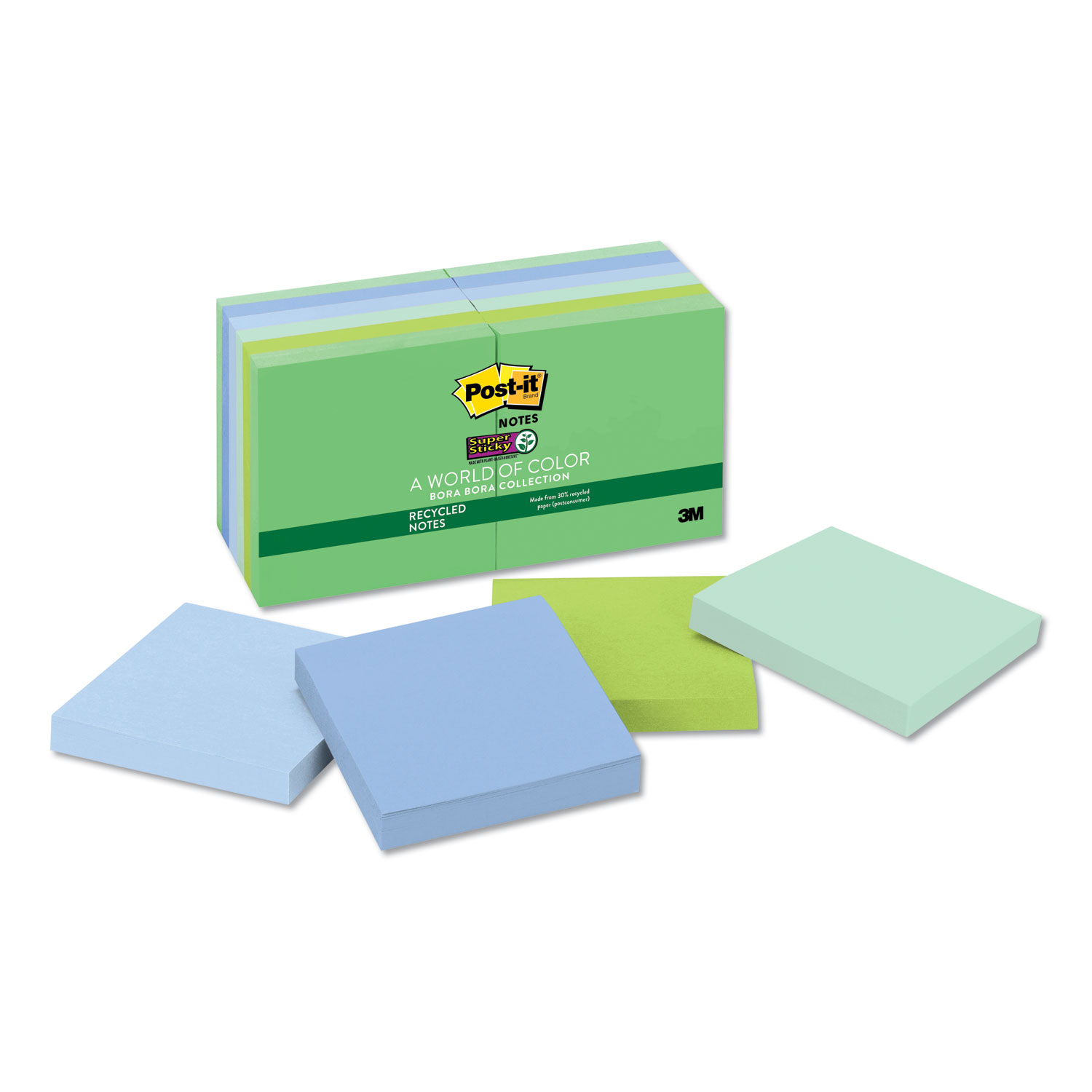  Post-it Notes Super Sticky 654-12SST Recycled Notes in Bora Bora Colors, 3 x 3, 90-Sheet, 12/Pack (MMM65412SST) 
