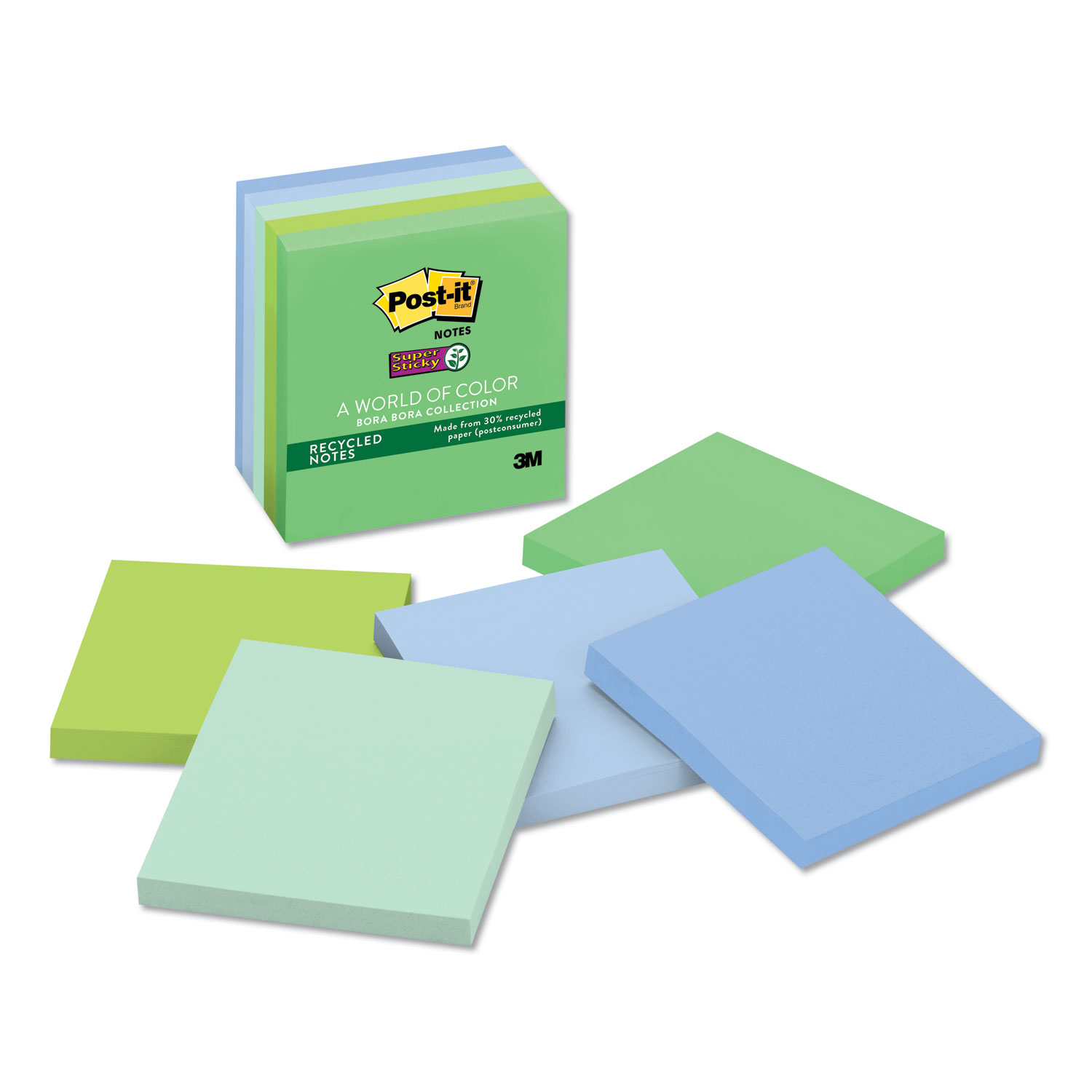 Recycled Notes in Bora Bora Colors, 3 x 3, 90-Sheet, 5/Pack