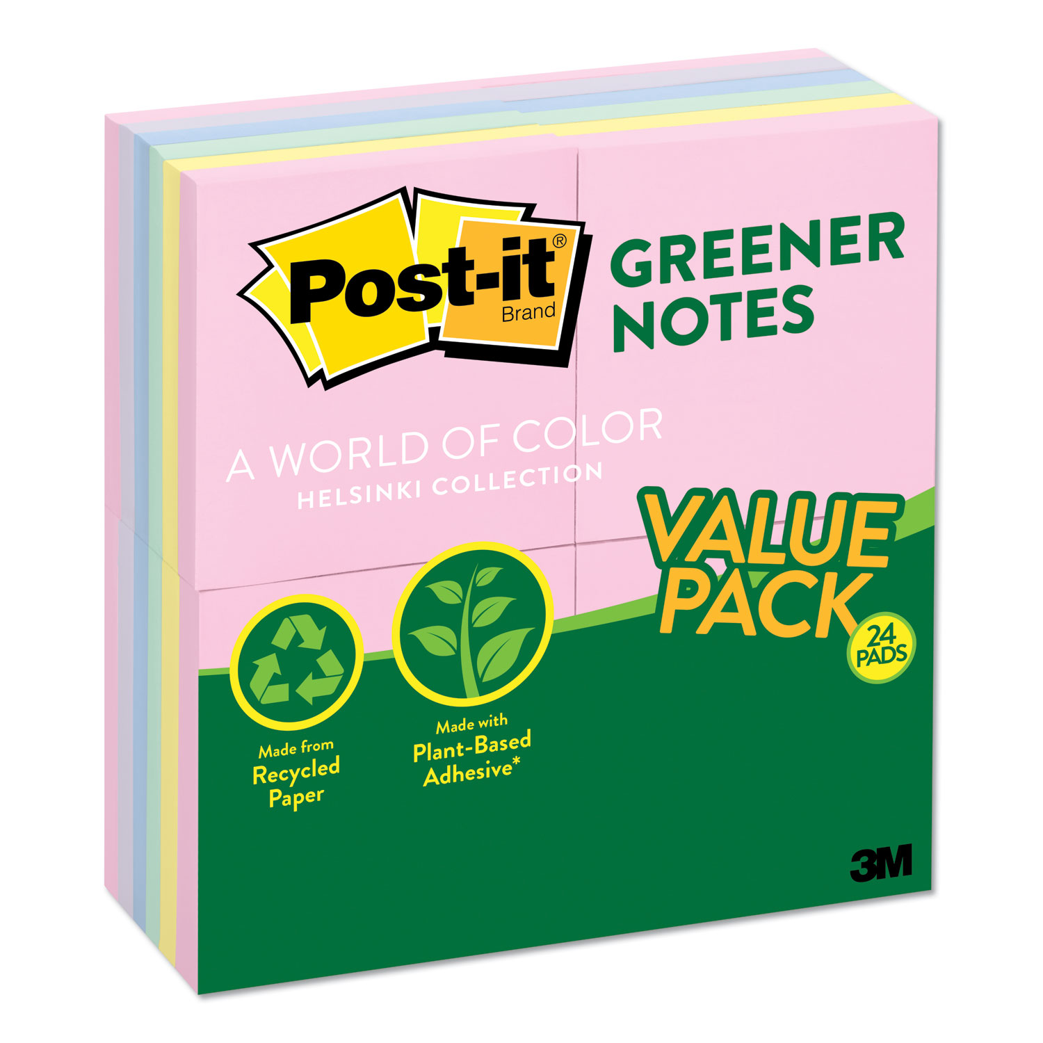  Post-it Greener Notes 654RP-24AP Recycled Note Pads, 3 x 3, Assorted Helsinki Colors, 100-Sheet, 24/Pack (MMM654RP24AP) 