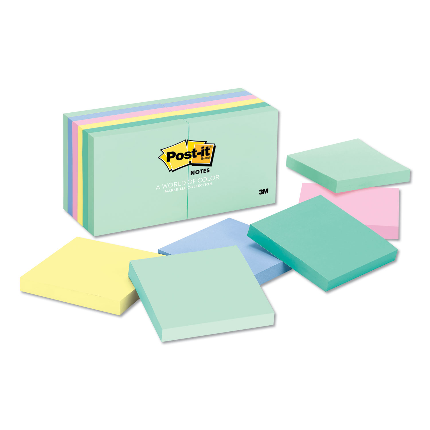  Post-it Notes 654-AST Original Pads in Marseille Colors, 3 x 3, 100-Sheet, 12/Pack (MMM654AST) 