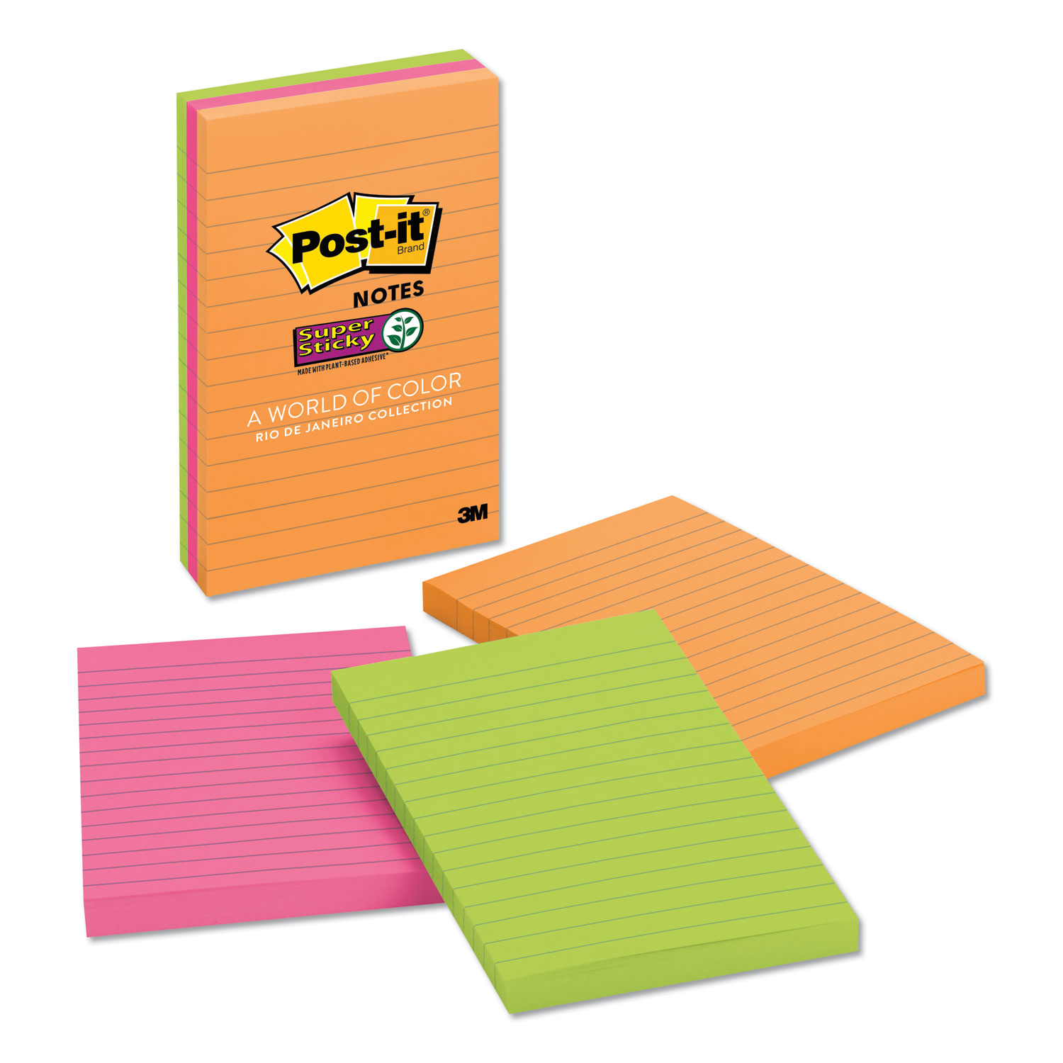  Post-it Notes Super Sticky 660-3SSUC Pads in Rio de Janeiro Colors, Lined, 4 x 6, 90-Sheet Pads, 3/Pack (MMM6603SSUC) 