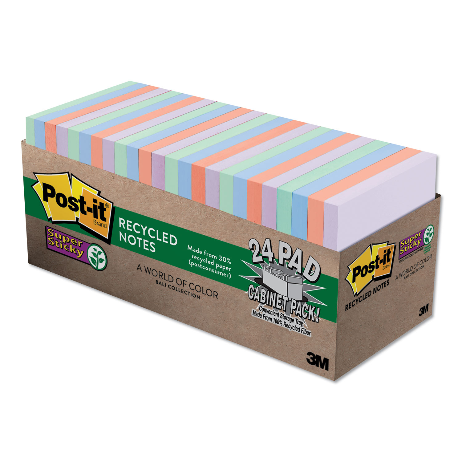  Post-it Notes Super Sticky 654-24NH-CP Recycled Notes in Bali Colors, 3 x 3, 70-Sheet, 24/Pack (MMM65424NHCP) 