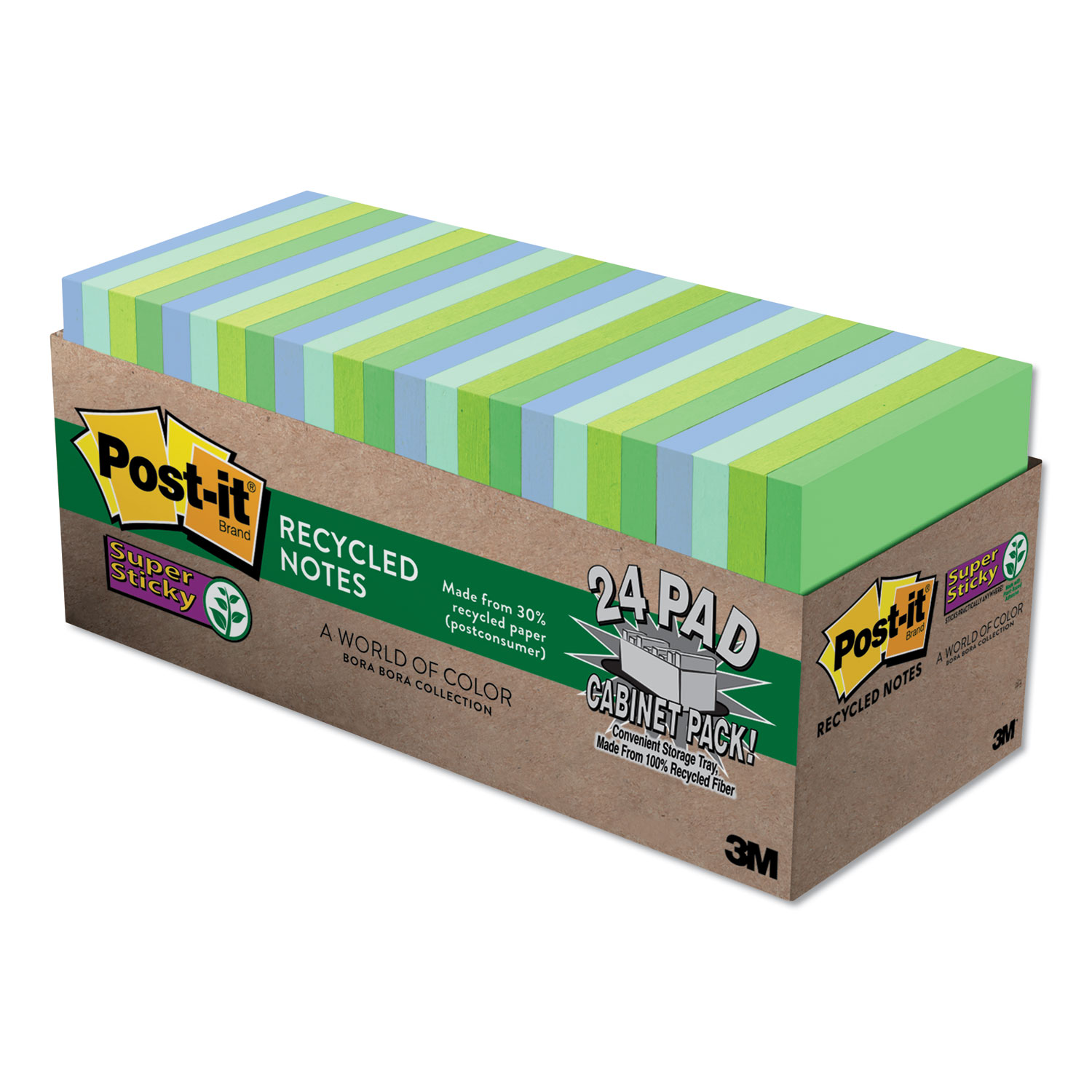  Post-it Notes Super Sticky 654-24SST-CP Recycled Notes in Bora Bora Colors, 3 x 3, 70-Sheet, 24/Pack (MMM65424SSTCP) 