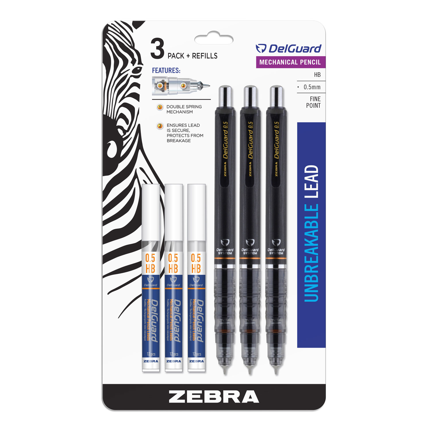  Zebra 10613 Delguard Mechanical Pencil, 0.5 mm, HB (#2.5), Black Lead, Black Barrel, 3/Pack (ZEB10613) 